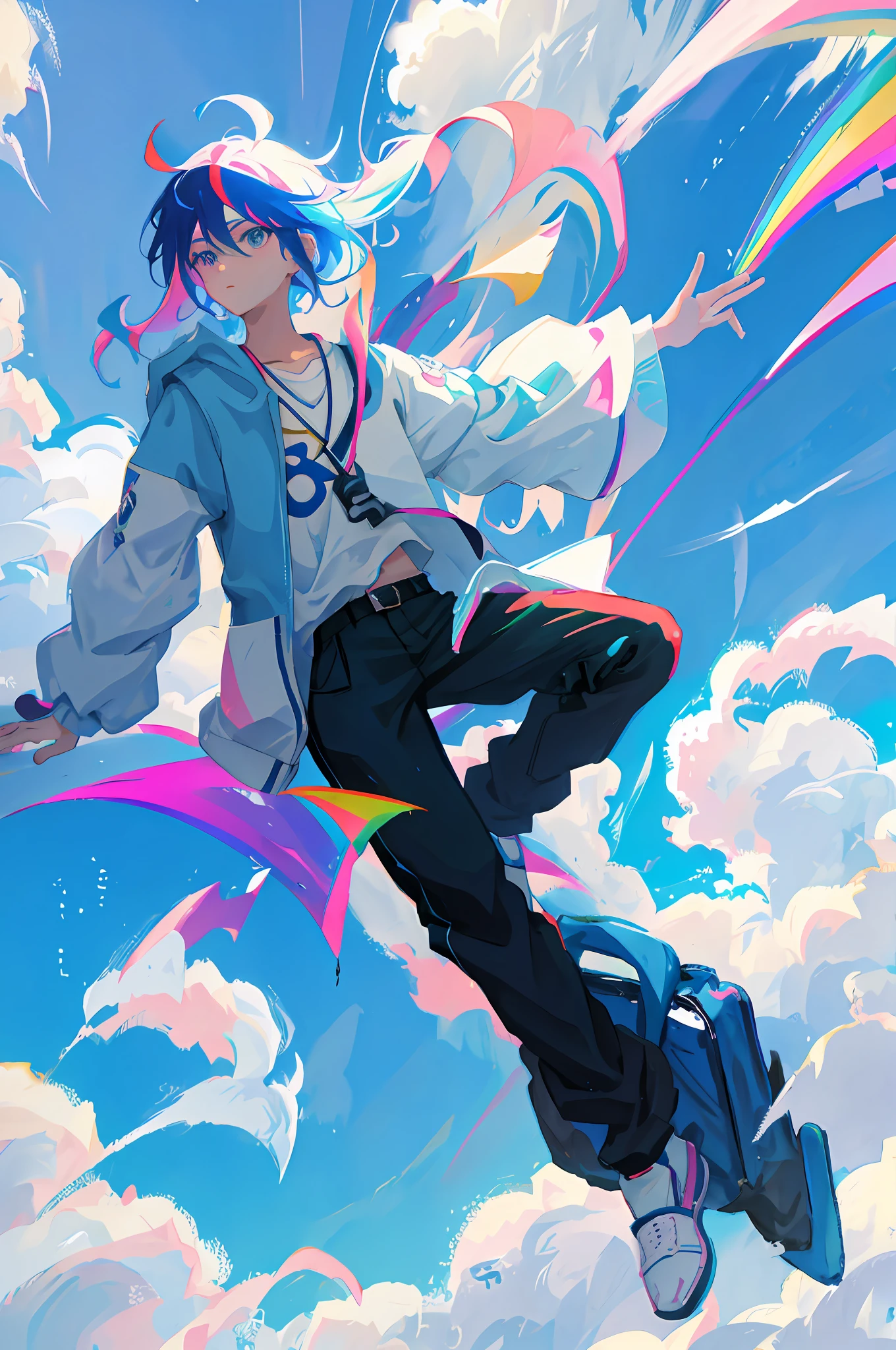 anime boy with rainbow hair and black pants in a blue and white outfit, 2 d anime style, anime moe artstyle, anime clouds, anime style artwork, anime artstyle, high quality anime artstyle, anime wallaper, epic anime style, official fanart, anime style art, high quality fanart, anime style 4 k, anime style, rainbow, rainbow hair, rainbow clouds