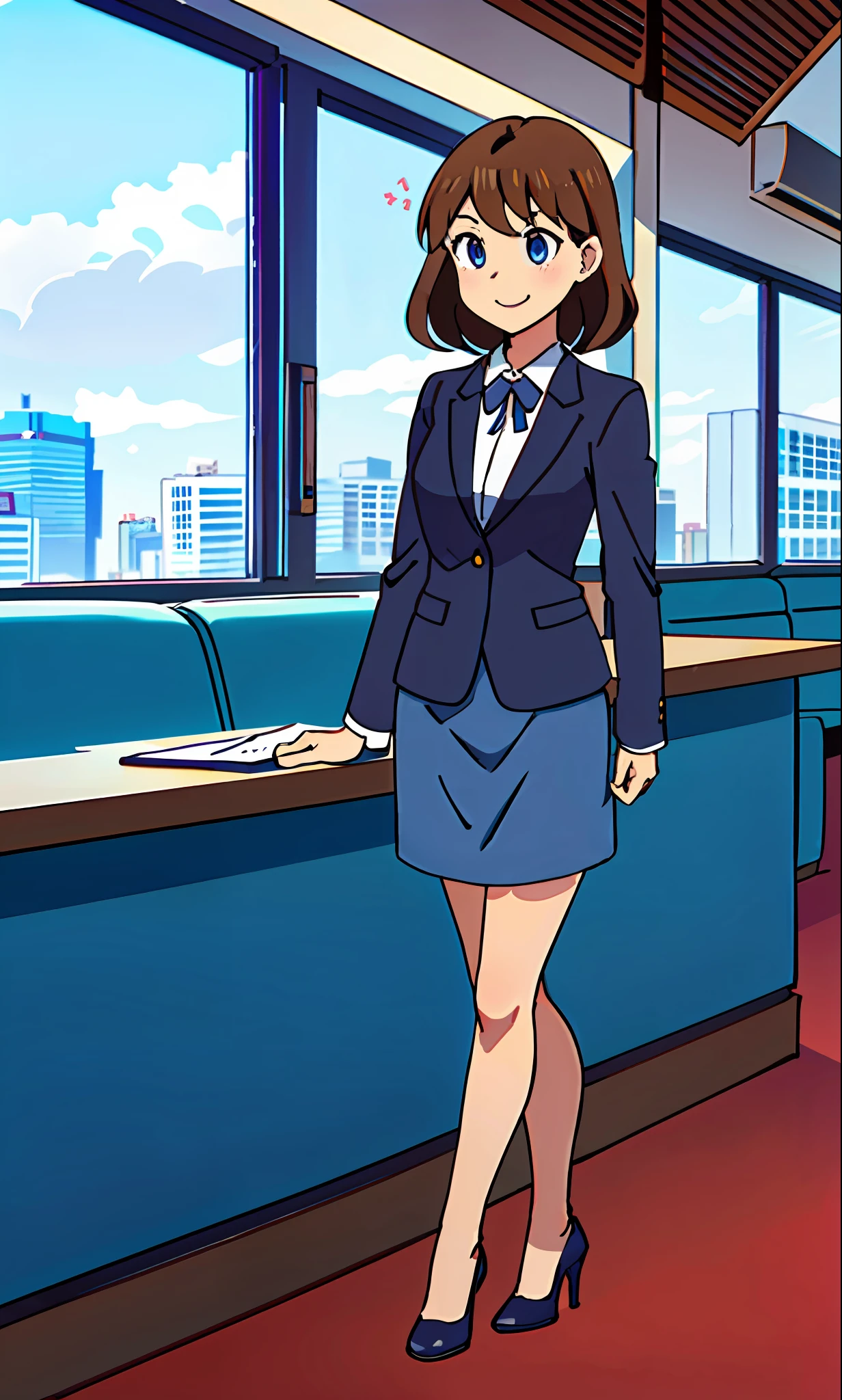 perfect anime illustration, 1girl, brown hair, wavy hair, hazel eyes, smiling, business attire, blue skirt suit, black high heels, businesswoman, highres, full body, bare legs