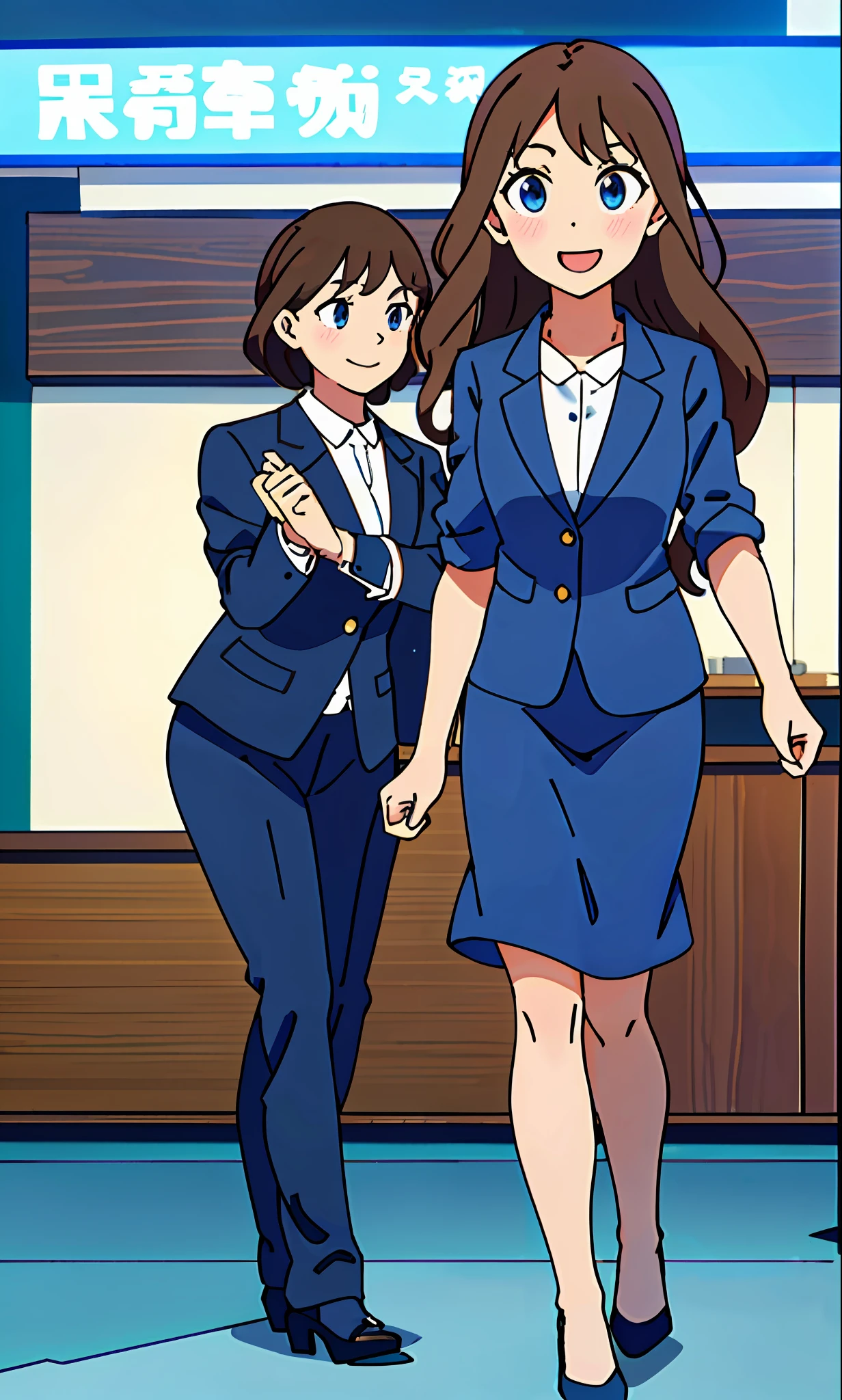 perfect anime illustration, 1girl, brown hair, wavy hair, hazel eyes, smiling, business attire, blue skirt suit, black high heels, businesswoman, highres, full body, bare legs