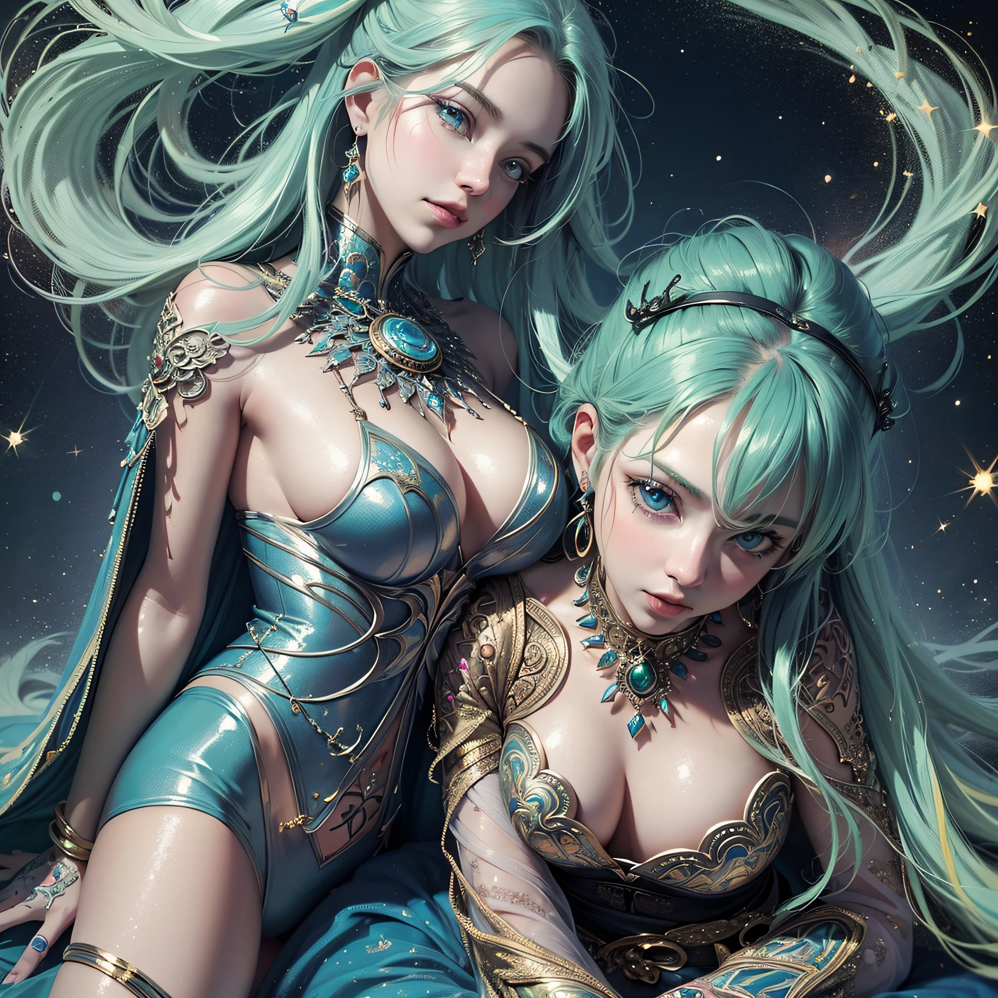 ((Best quality, 8k, Masterpiece :1.3)) beautiful woman: 1.3, beautiful face, woman sitting another woman, saturated colors, psychedelic image, LSD, mandala, fractral, costume, tattoo, painted body, wedding clothes, body leaning forward, art similar to Alex Grey's art, lots of color saturation, vortex, ultra realistic, planet earth, galaxy, with lots of lighting, shading and contrast, RPG, mage, realistic eyes, green iris, 3D depth, melting --auto --s2