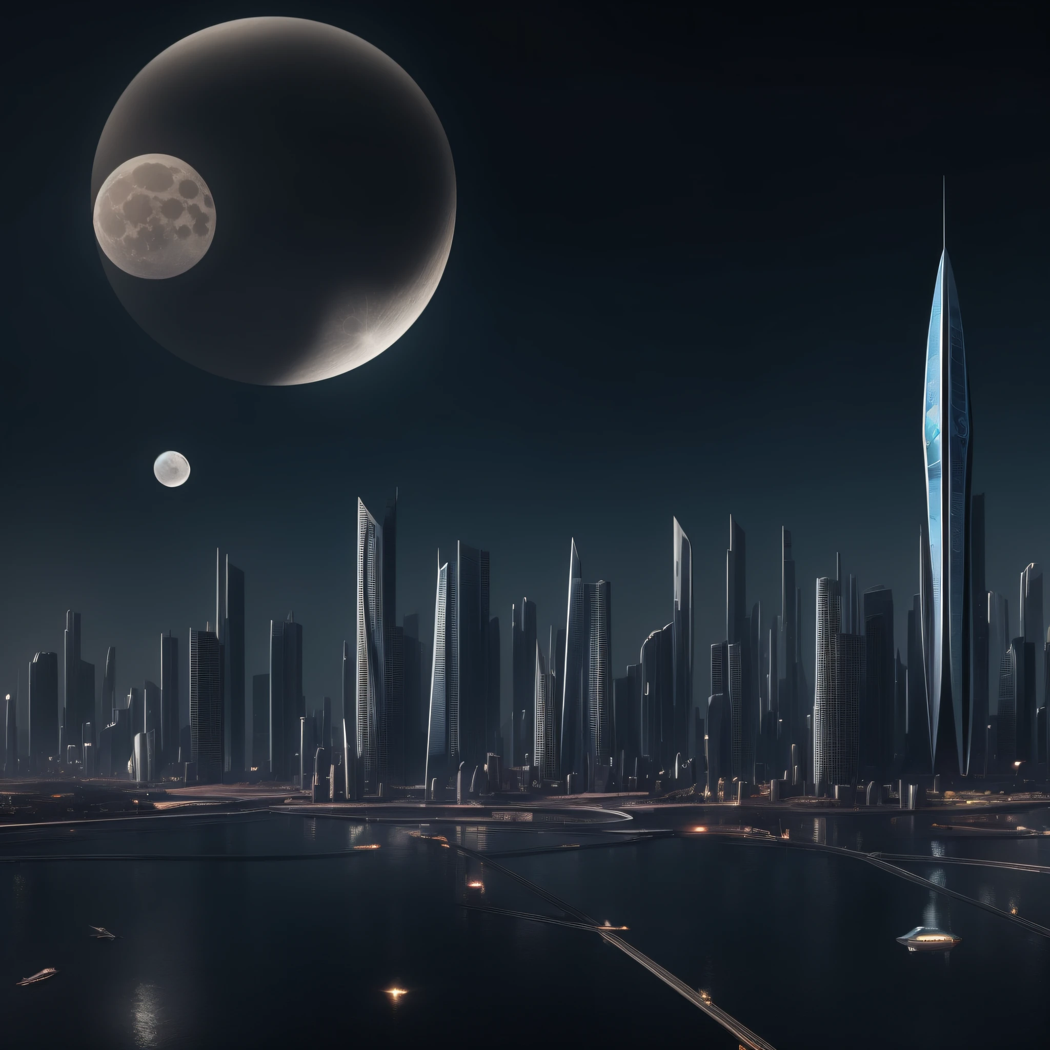 futuristic city with broken moon, glass buildings, flying cars, planets appearing prominently --auto --s2