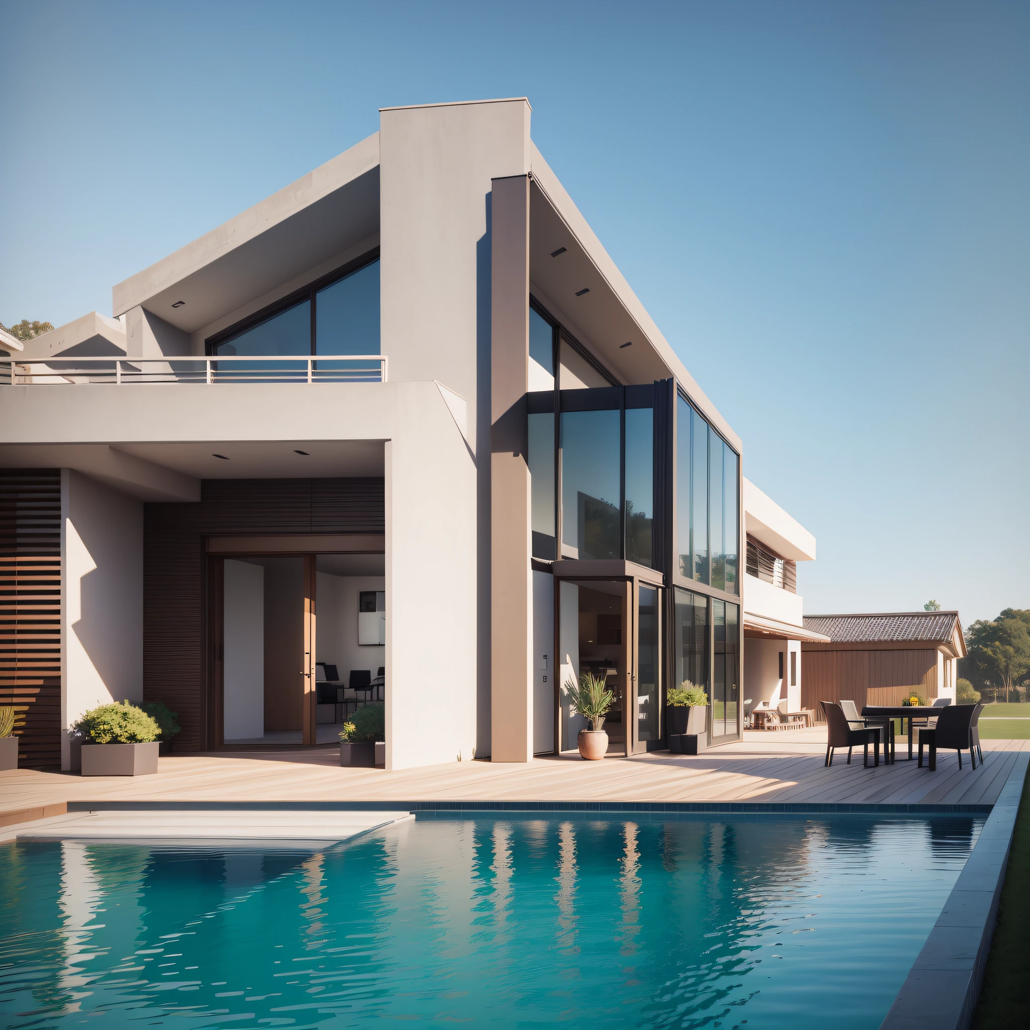 a rendering of a modern house with a pool and a patio, modern house in wood, realistic architecture, concept house, arhitectural shot, contemporary house, modern house, general architectural design, architectural visualization, exterior design, contemporary architecture, architectural visualization, beautifully detailed rendering, architectural rendering, minimalist house in wood, ultra modern, large modern residence, Fujifilm, 85mm, f/1.2, UHD,  high quality, 16k, best quality --auto --s2