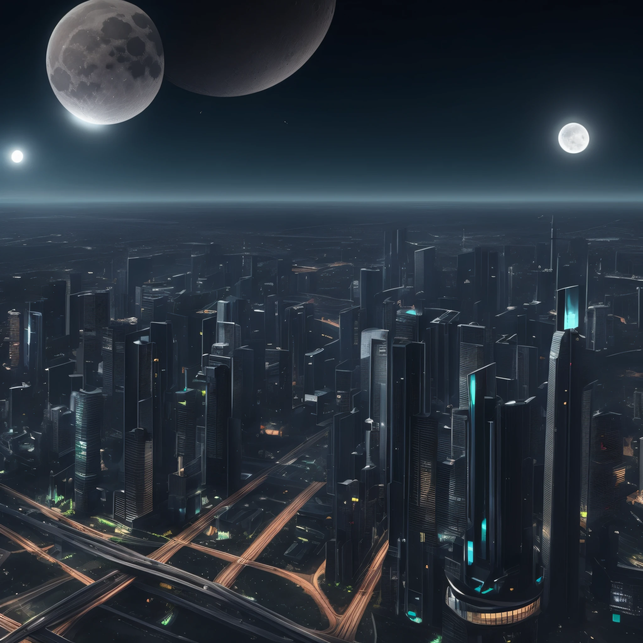 futuristic city with broken moon, glass buildings, flying cars, planets appearing prominently --auto --s2