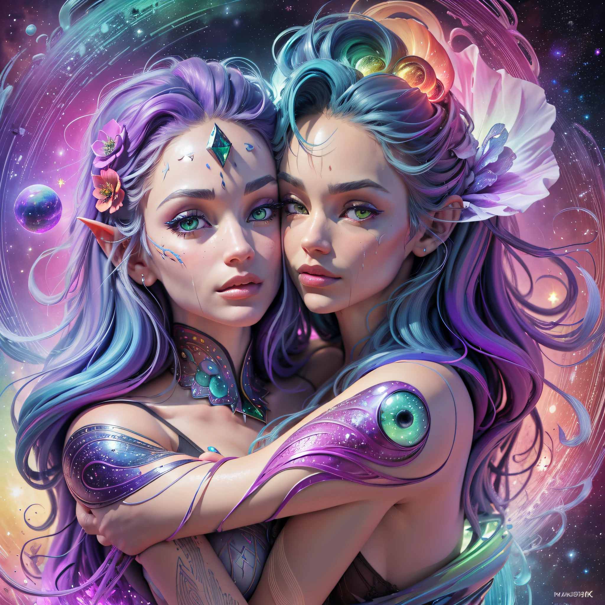 ((Best quality, 8k, Masterpiece :1.3)) beautiful woman: 1.3, beautiful face, woman hugging another woman, whole body, saturated colors, psychedelic image, LSD, mandala, fractral, costume, tattoo, painted body, wedding clothes, body tilted forward, art similar to Alex Grey's art, lots of color saturation, vortex, ultra realistic, planet earth, galaxy, with lots of lighting, shading and contrast,  RPG, mage, realistic eyes, green iris, 3D depth, wet --auto --s2