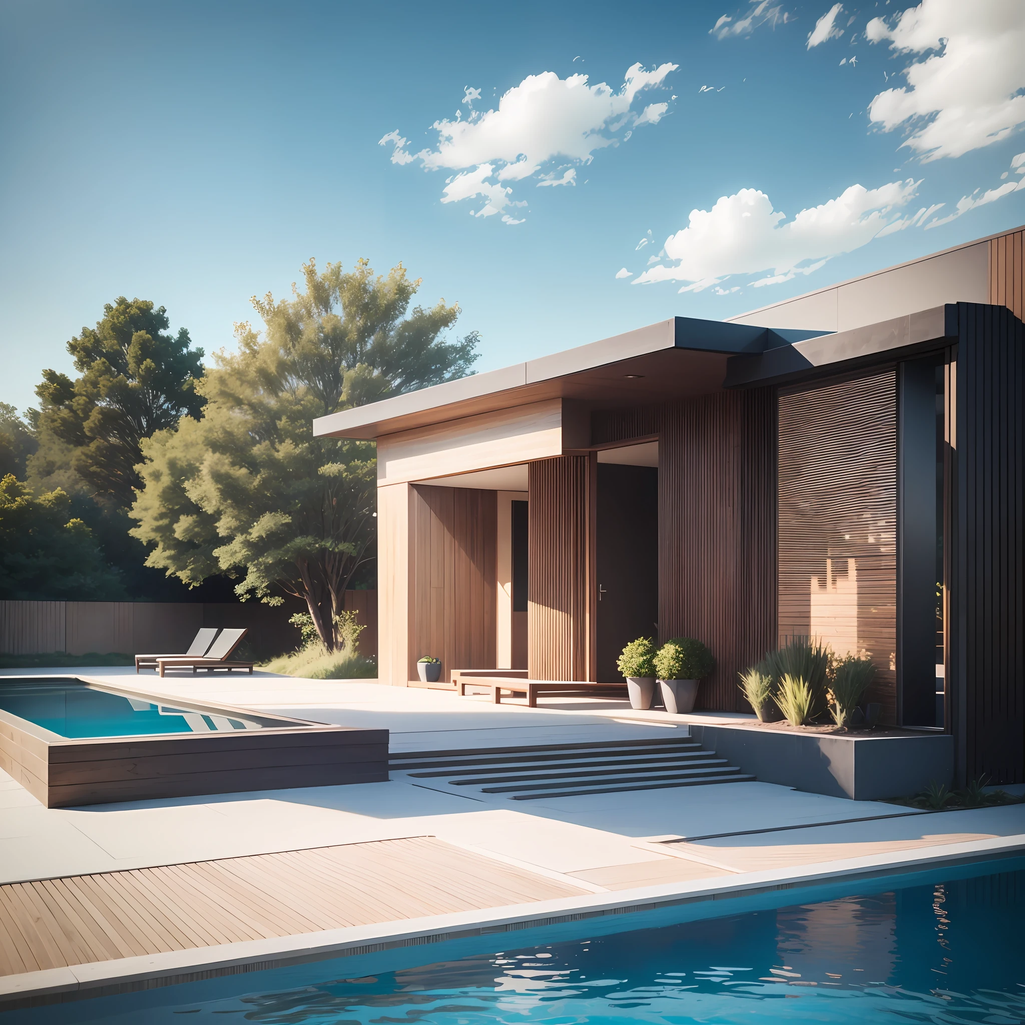 a rendering of a modern house with a pool and a patio, modern house in wood, realistic architecture, concept house, arhitectural shot, contemporary house, modern house, general architectural design, architectural visualization, exterior design, contemporary architecture, architectural visualization, beautifully detailed rendering, architectural rendering, minimalist house in wood, ultra modern, large modern residence, Fujifilm, 85mm, f/1.2, UHD, high quality, 16k, best quality --auto --s2