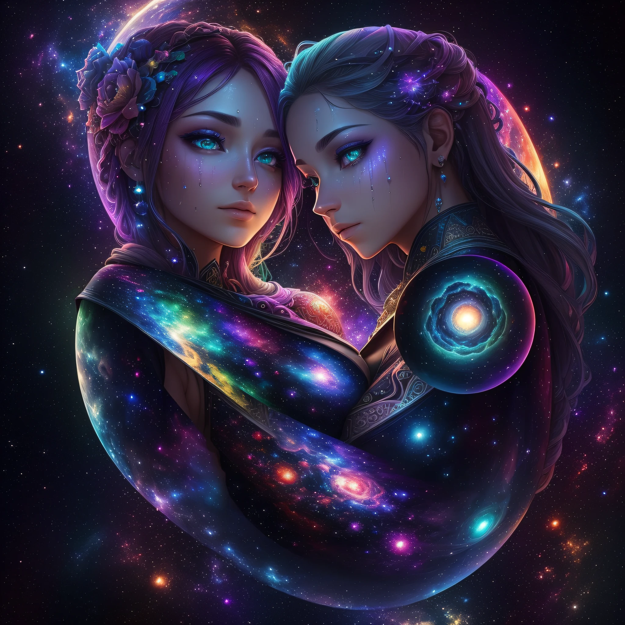 ((Best quality, 8k, Masterpiece :1.3)) beautiful woman: 1.3, beautiful face, woman hugging another woman, whole body, saturated colors, psychedelic image, LSD, mandala, fractral, costume, tattoo, painted body, wedding clothes, body tilted forward, art similar to Alex Grey's art, lots of color saturation, vortex, ultra realistic, planet earth, galaxy, with lots of lighting, shading and contrast, RPG, mage, realistic eyes, green iris, 3D depth, wet, sweaty, hot --auto --s2
