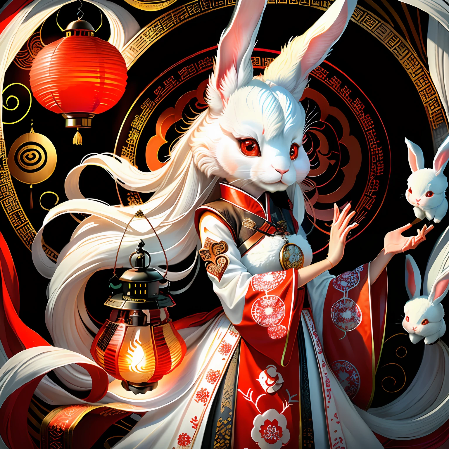 A cute little rabbit dressed in wool with long ears and a red face