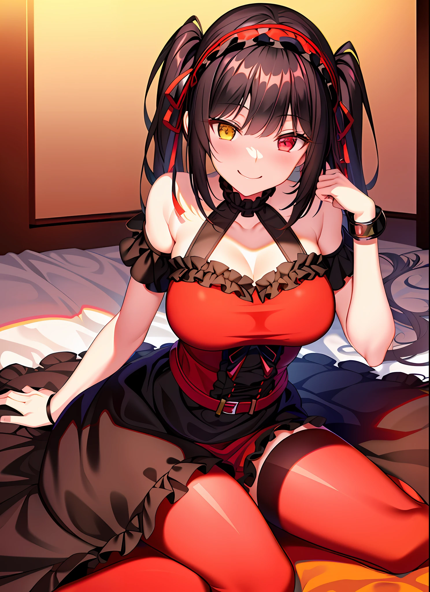(1girl), black hair, tokisaki kurumi, adult female, headband, heterochromia:1.5, red eye, yellow eye, dominant, domina, long twintails, medium breast, smile, night dress, bed, sitting, upper body, hands behind, sexy pose,