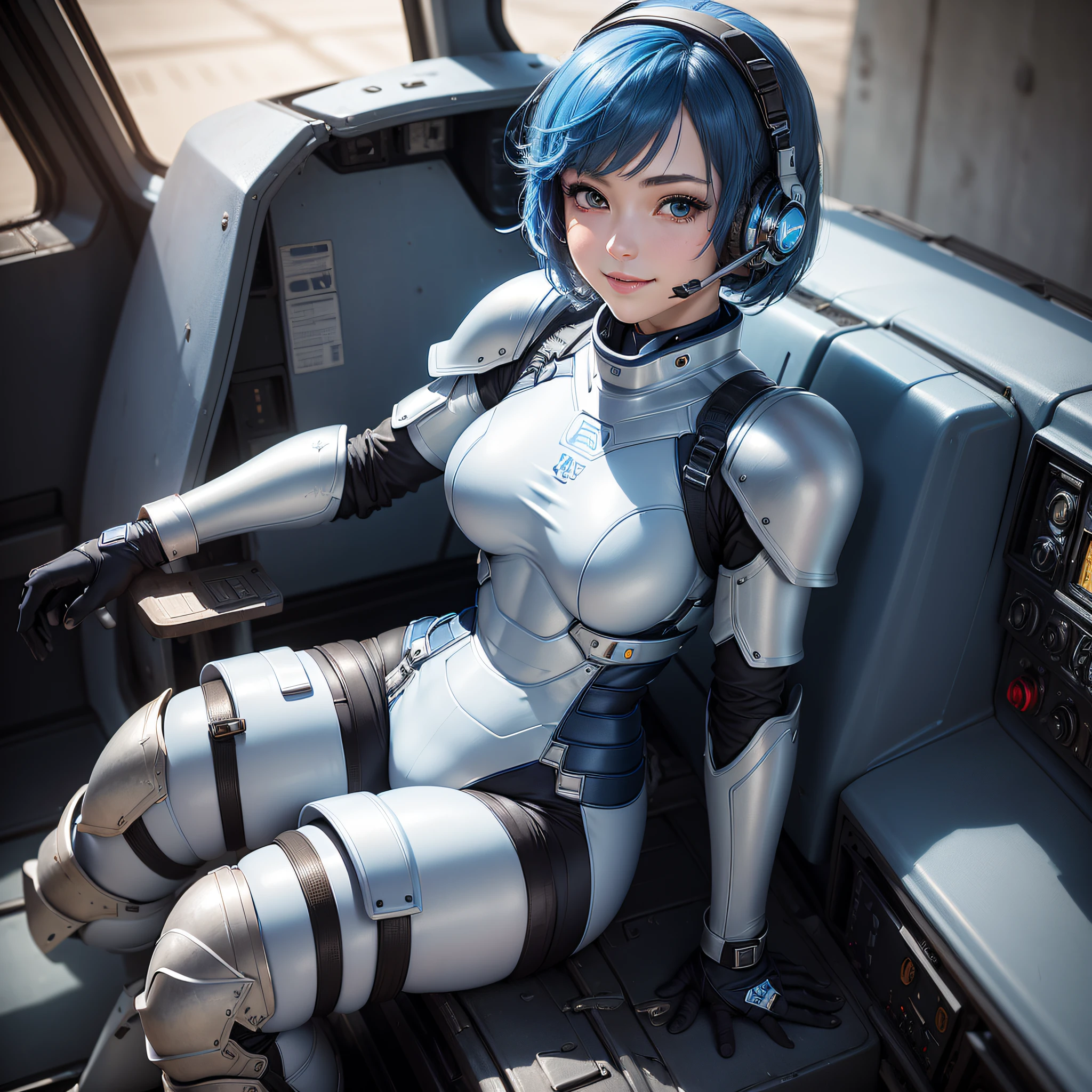 (masterpiece, highest quality, highest resolution, distinct_image, detailed details): (Solo, lone girl, face is Japan, blue haired girl, short hair, full body figure, see viewer, front-facing, small size breasts, sparkling blue colored eyes, pilot suit of metallic tone white and blue, black color color, tight fit clothes, clothes that cover the whole body, beauty, cuteness, light smile, blush, Slim body, exoskeleton, white and blue and black metal armor, heroine, arm-length gloves, headset, knee boots, sitting in the pilot's seat, detailed cockpit)