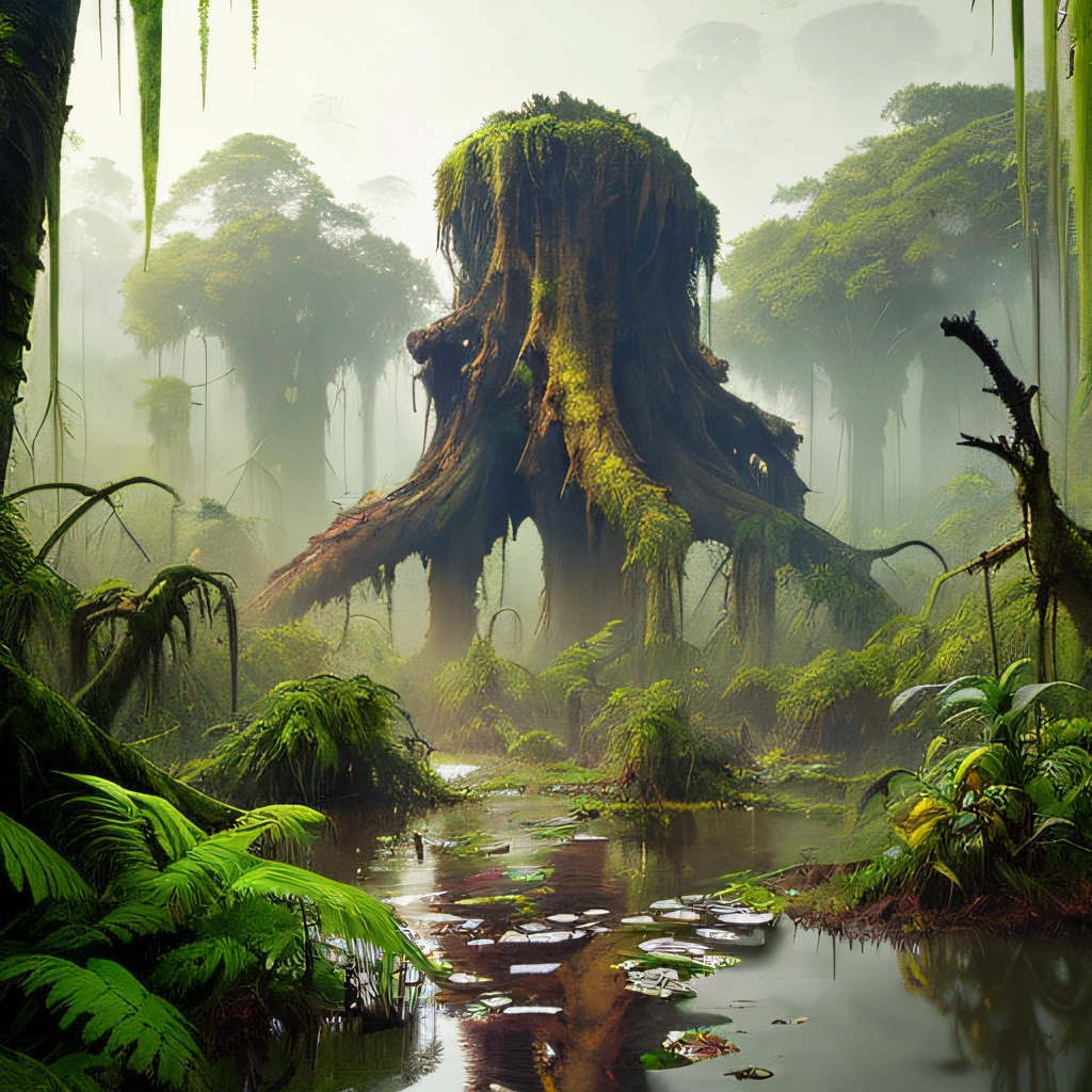 stalenhag, (dense alien jungle swamp:1.3), many strange unusual rainbow flowers, old destroyed parts rust atom nuclear, sci-fi, knots colorfully raw surface, smooth round shapes, hdr, 8k, 4k, octane renderer, huge detailed, artstation