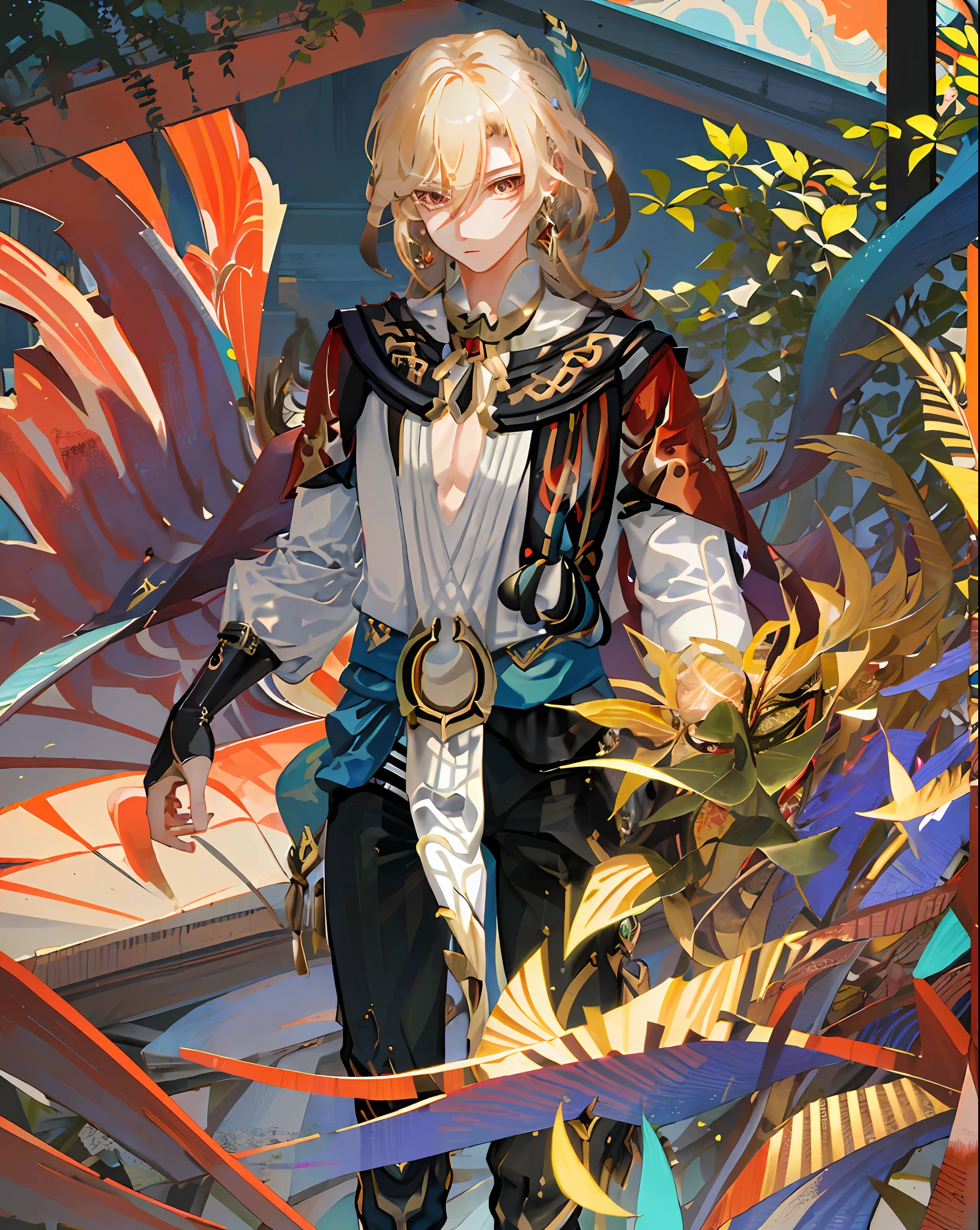 ((masterpiece)), ((high detail)), 1male, ((ultra-detailed)),((delicate face)), Beautiful detailed eyes, ( blonde hair),long hair, floating hair, GSHead, 1girl, solo, red eyes, genshin_impact, look at the viewer, ((full_body,distant view)), (Tarot cards border, outside border), Wide Angle shot, strong light and shadow, cinematographic lens,