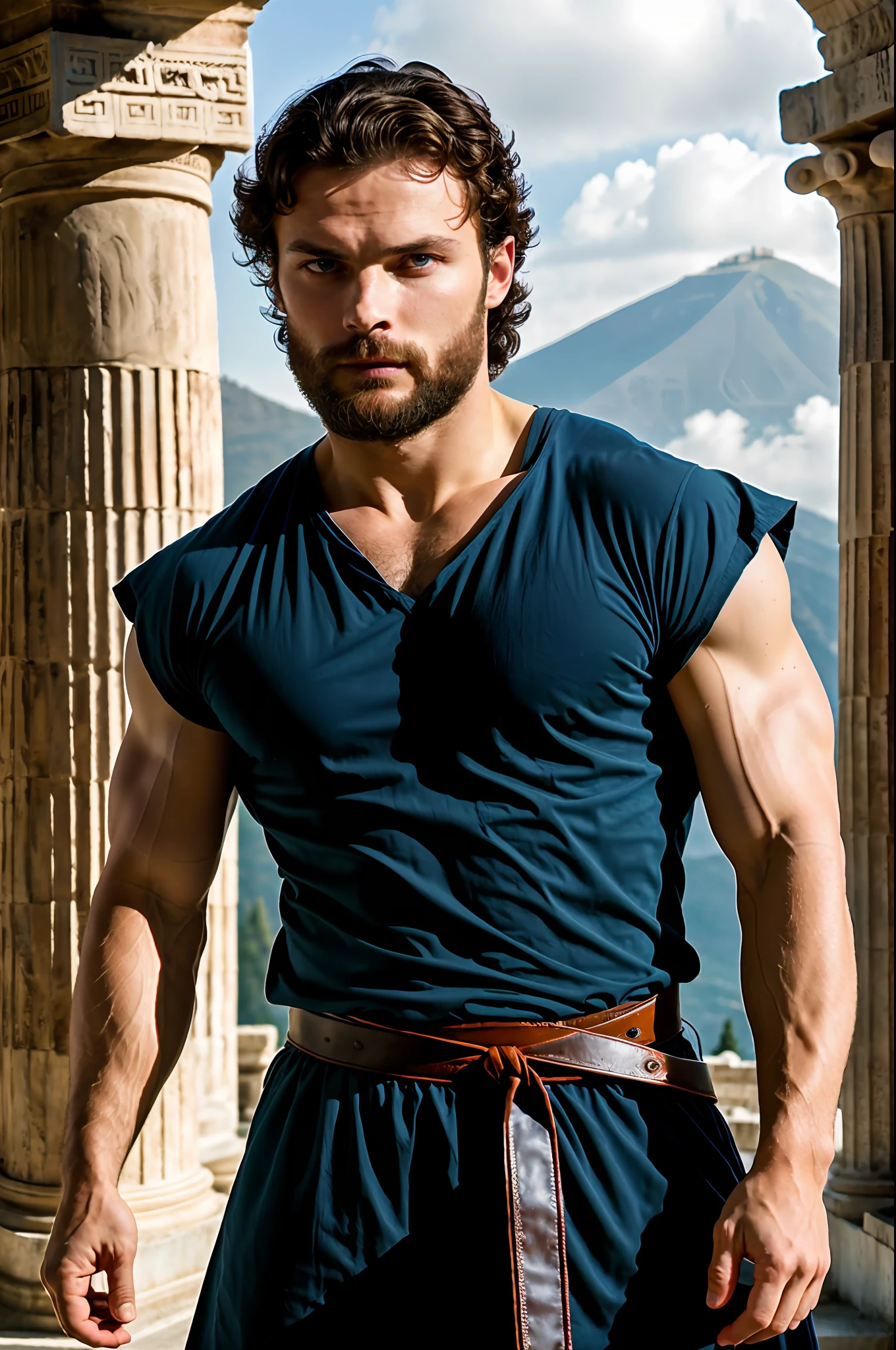 create God Zeus), with blue thunder eyes, wearing a God's tunic, strong and muscular, Jamie Dornan, (Moreno with model face), wearing dark beard, dark short hair, man similar to actor jamie dornan, (high quality and realistic image), Greek temple background, cinematic style, ((Best quality, 8k, Masterpiece).
