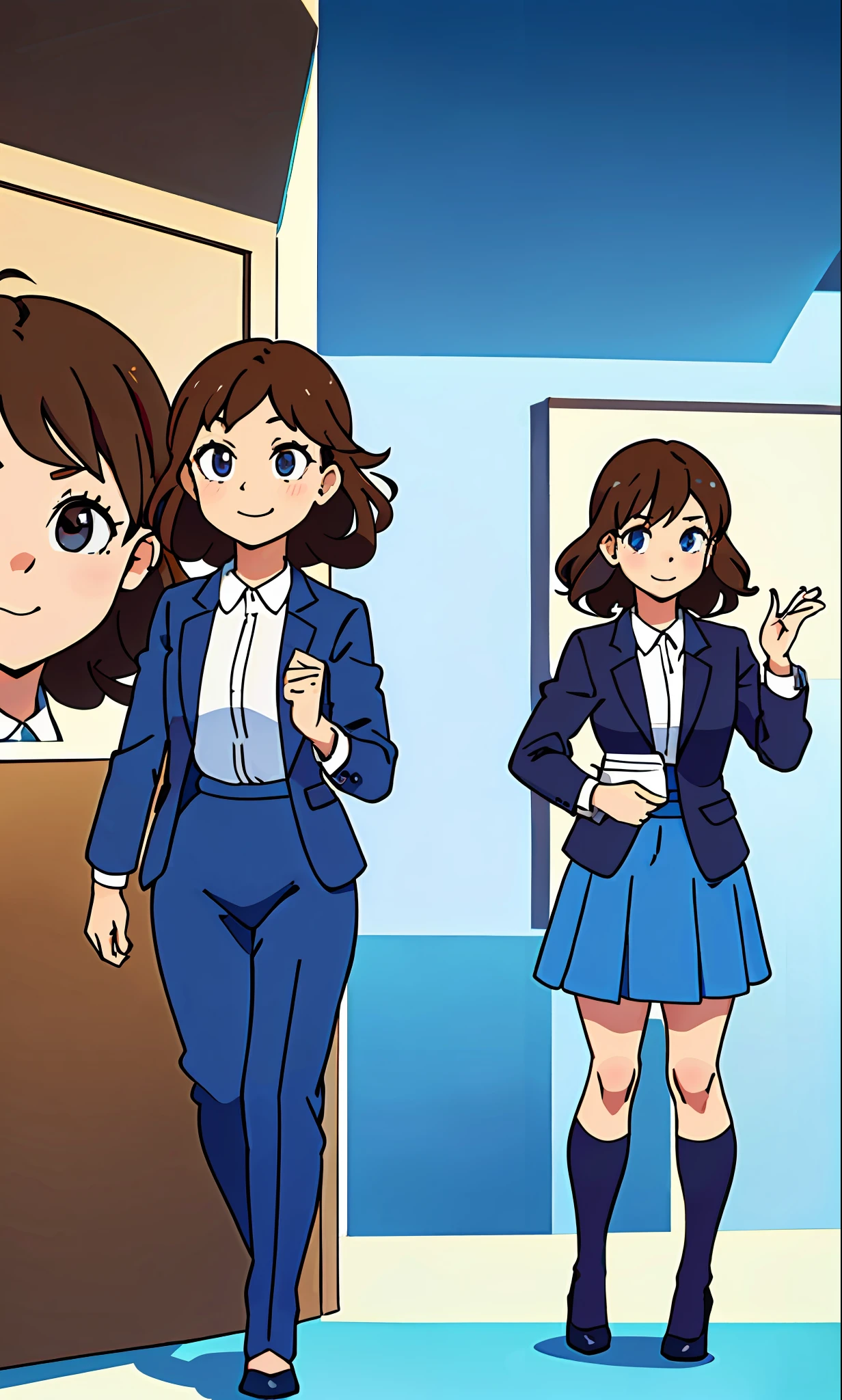 perfect anime illustration, 1girl, brown hair, curly hair, hazel eyes, smiling, business attire, blue skirt suit, black high heels, businesswoman, highres, full body, bare legs