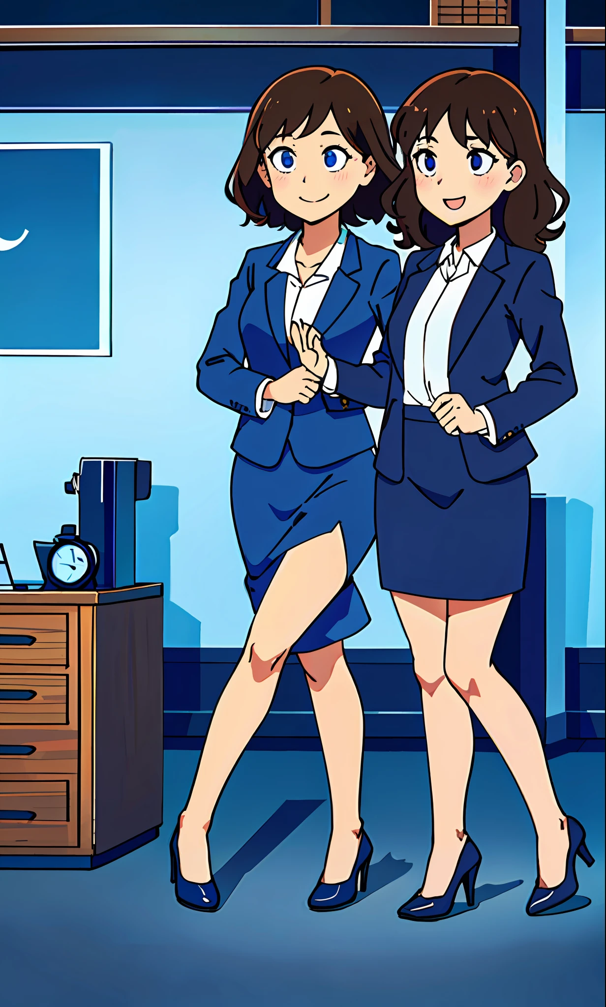 perfect anime illustration, 1girl, brown hair, curly hair, hazel eyes, smiling, business attire, blue skirt suit, black high heels, businesswoman, highres, full body, bare legs