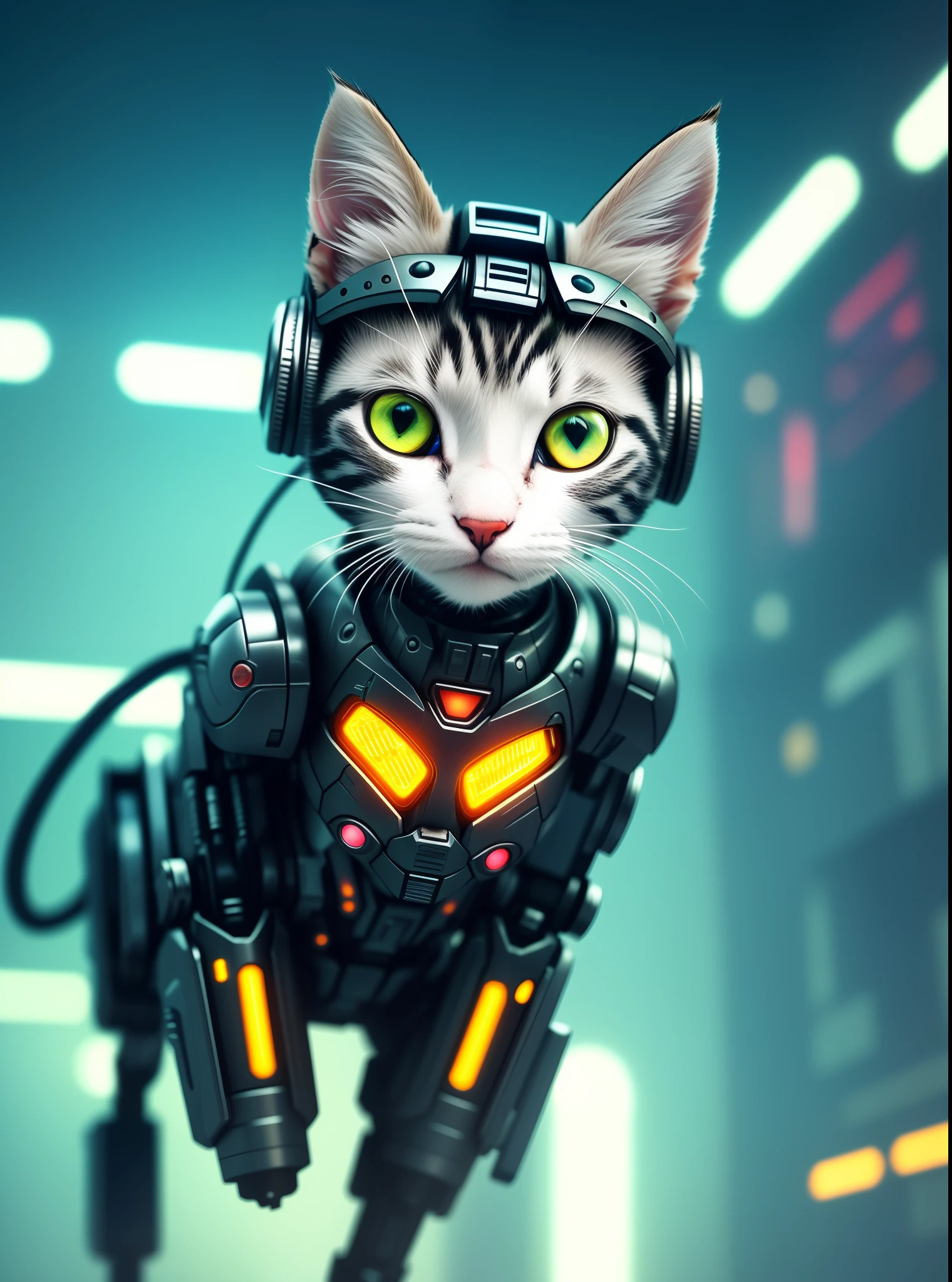 Cute kitten made of metal, cyborg, cyberpunk style, ((complex detail)), hdr, ((complex detail, ultra-detail)), cinematic shot, vignette