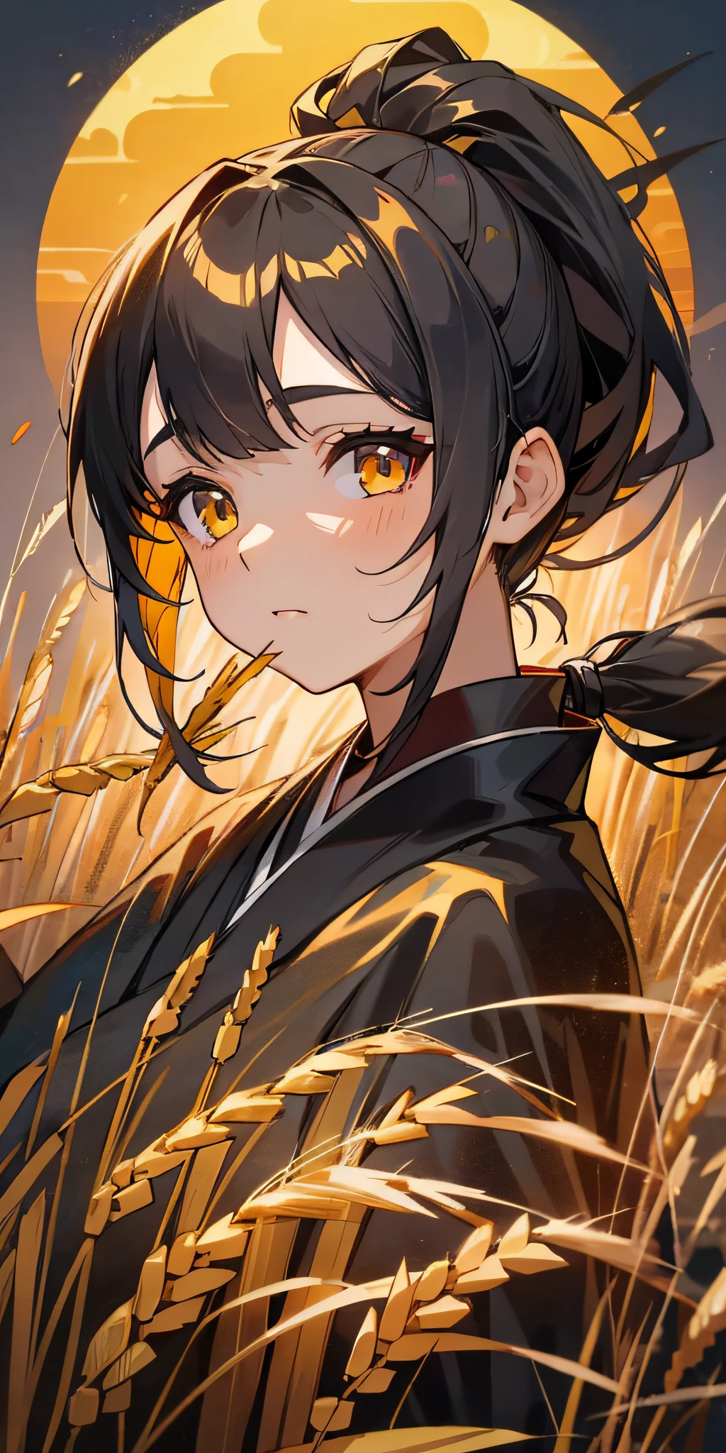 A girl in a kimono with a blank look stands waist-deep in a field of wheat, a black kimono with gold edges, her hair is tied in a ponytail, yellow eyes, the sunset is reflected in her eyes, the light falls on her face, half-sideways to the camera