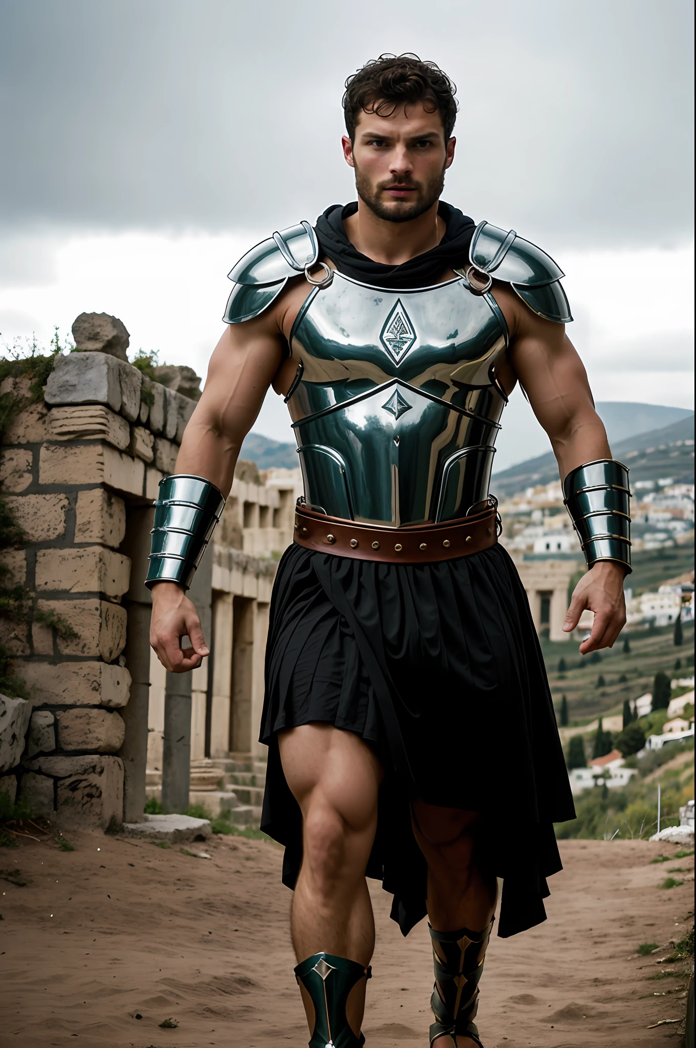 create a Gladiator), Greek God style, wearing Spartan armor, strong and muscular, Jamie Dornan, strong and muscular, (Moreno with model face), wearing dark beard, dark short hair, man similar to actor jamie dornan, (high quality and realistic image), sparta city background, cinematic style, ((Best quality, 8k, Masterpiece).