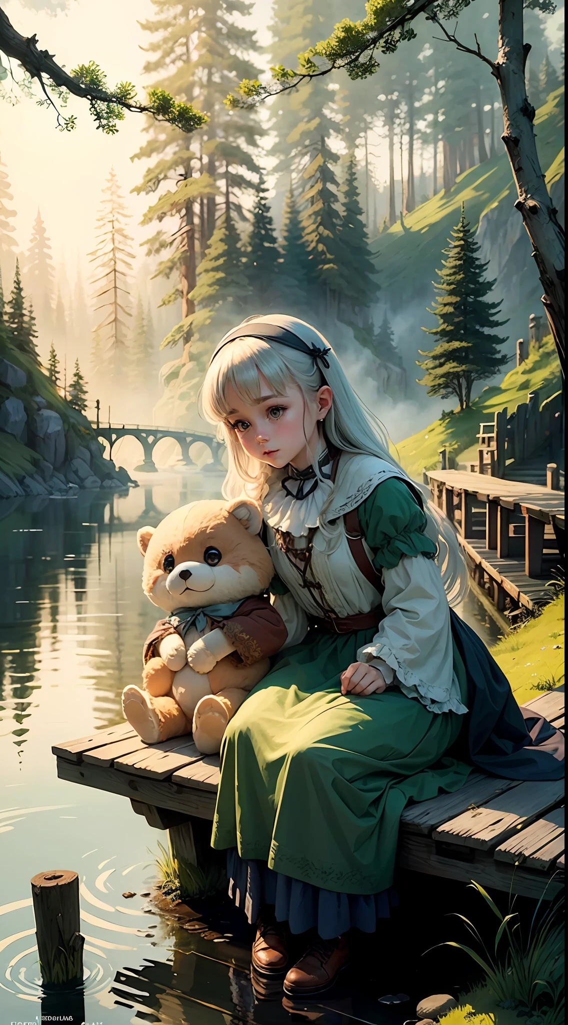 A small cute fluffy animal, big eyes, a plush toy in old clothes come to life, sitting on a bridge on the shore of a forest lake and fishing with a fishing rod, sunny early morning, dew on the grass, fog over the water, a fabulous atmosphere, like an illustration for a children's fairy tale, a lot of details, careful detailing, ultra detailing, the atmosphere of a good fairy tale, muted colors, like a drawing from a book