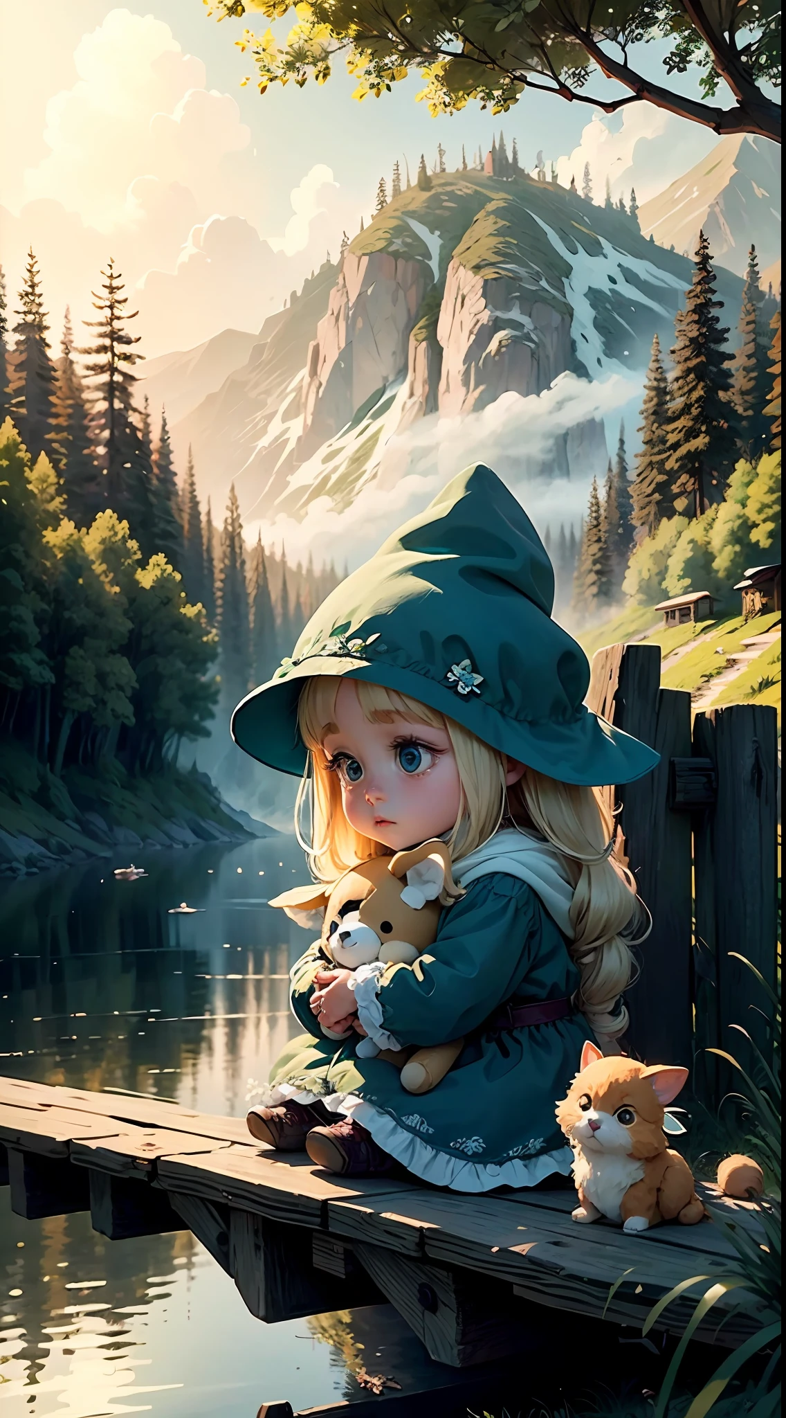 A small cute fluffy animal, big eyes, a plush toy in old clothes come to life, sitting on a bridge on the shore of a forest lake and fishing with a fishing rod, sunny early morning, dew on the grass, fog over the water, a fabulous atmosphere, like an illustration for a children's fairy tale, a lot of details, careful detailing, ultra detailing, the atmosphere of a good fairy tale, muted colors, like a drawing from a book