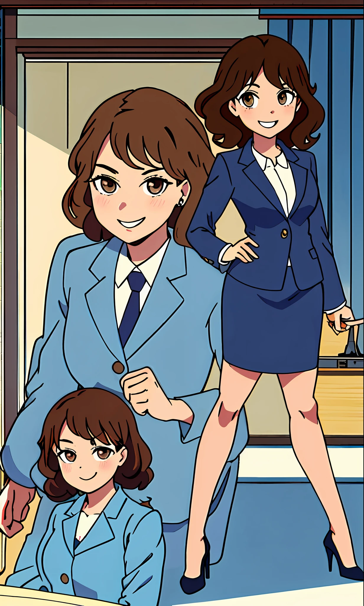 perfect anime illustration, 1girl, brown hair, curly hair, hazel eyes, smiling, business attire, blue skirt suit, black high heels, businesswoman, highres, full body, bare legs