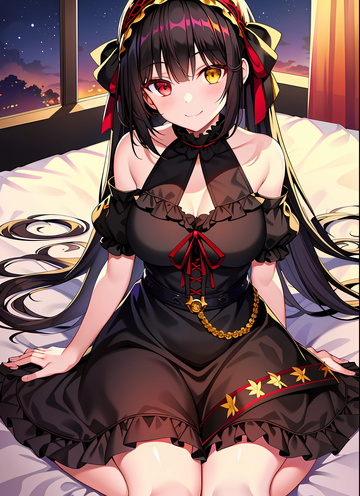 (1girl), black hair, tokisaki kurumi, adult female, headband, heterochromia:1.5, red eye, yellow eye, dominant, domina, long twintails, medium breast, smile, night dress, bed, sitting, upper body, hands behind, sexy pose,