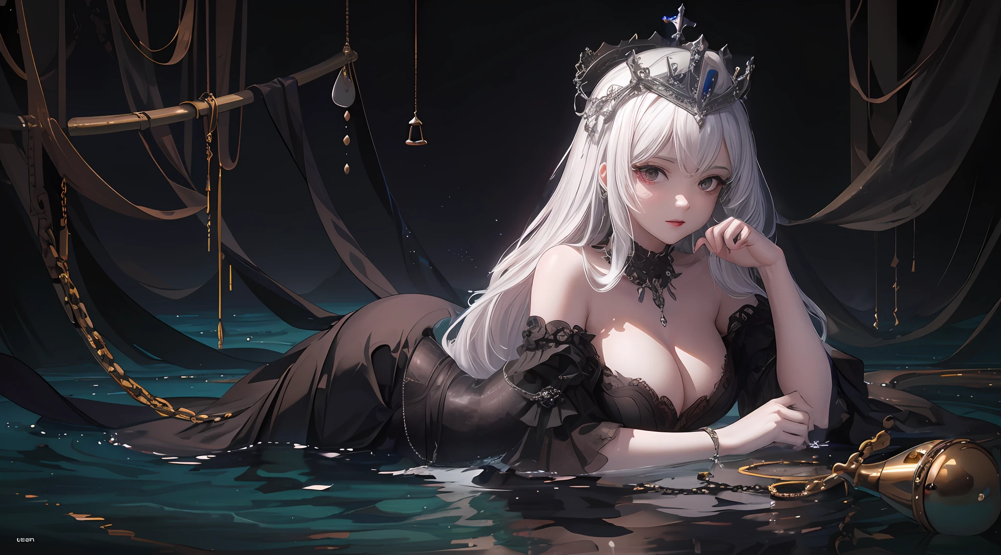 masterpiece, best quality, (extremely detailed CG 8k wallpaper unit), (best quality), (best illustration), (best shadow), realistic lighting(8k image), detailed fingers, detailed hands, detailed body, mermaid, white, white hair with a black lock, long hair, large breasts, heaving, inside the sea, dark environment, shipwreck, black bra, red eyes, red lips, dark gray tail, air bubbles in the background, queen's crown on head, chained neck