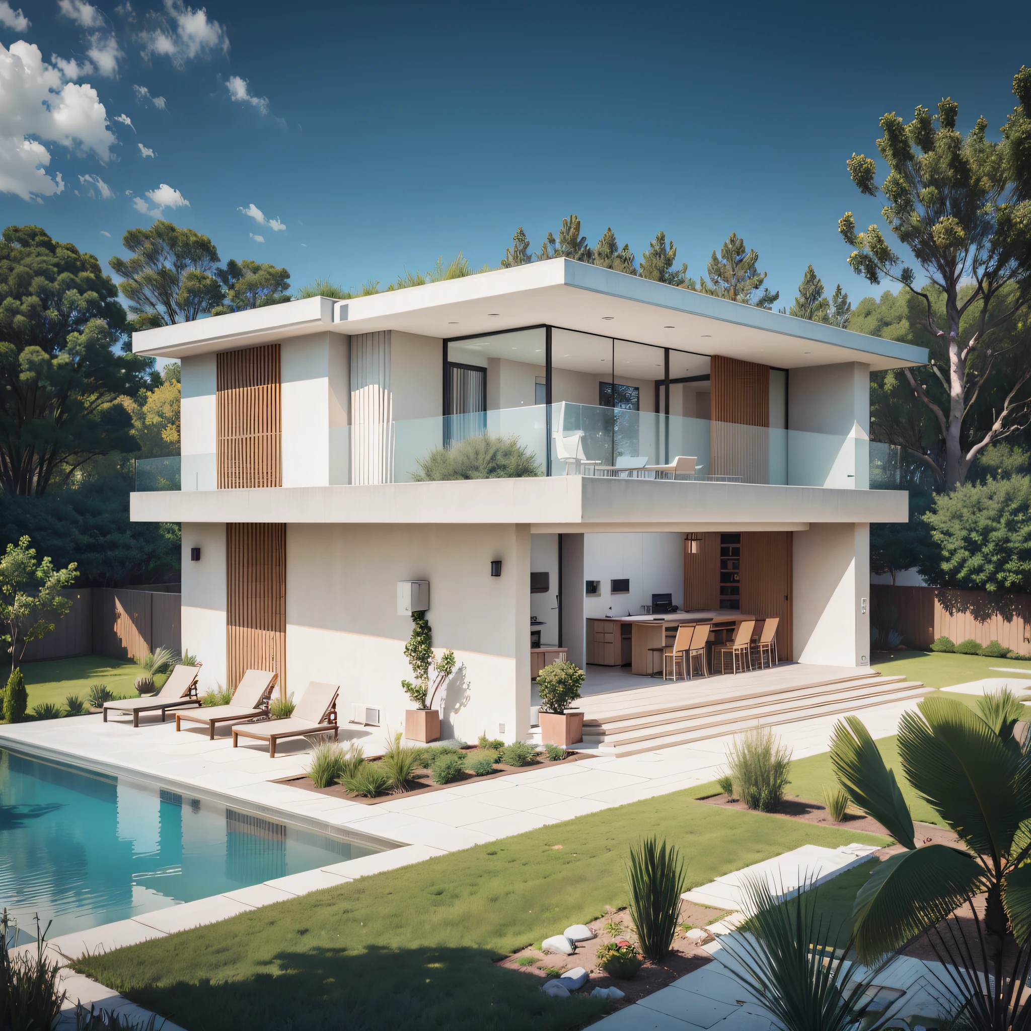 a rendering of a modern house with a pool and a courtyard, realistic architecture, concept house, arhitectural shot, contemporary house, modern house, general architectural design, architectural visualization, exterior design, contemporary architecture, architectural visualization, beautifully detailed rendering, architectural rendering, minimalist house in wood, ultra modern, large modern residence, Fujifilm, 85mm, f/1.2, UHD, high quality, 16k, best quality --auto --s2