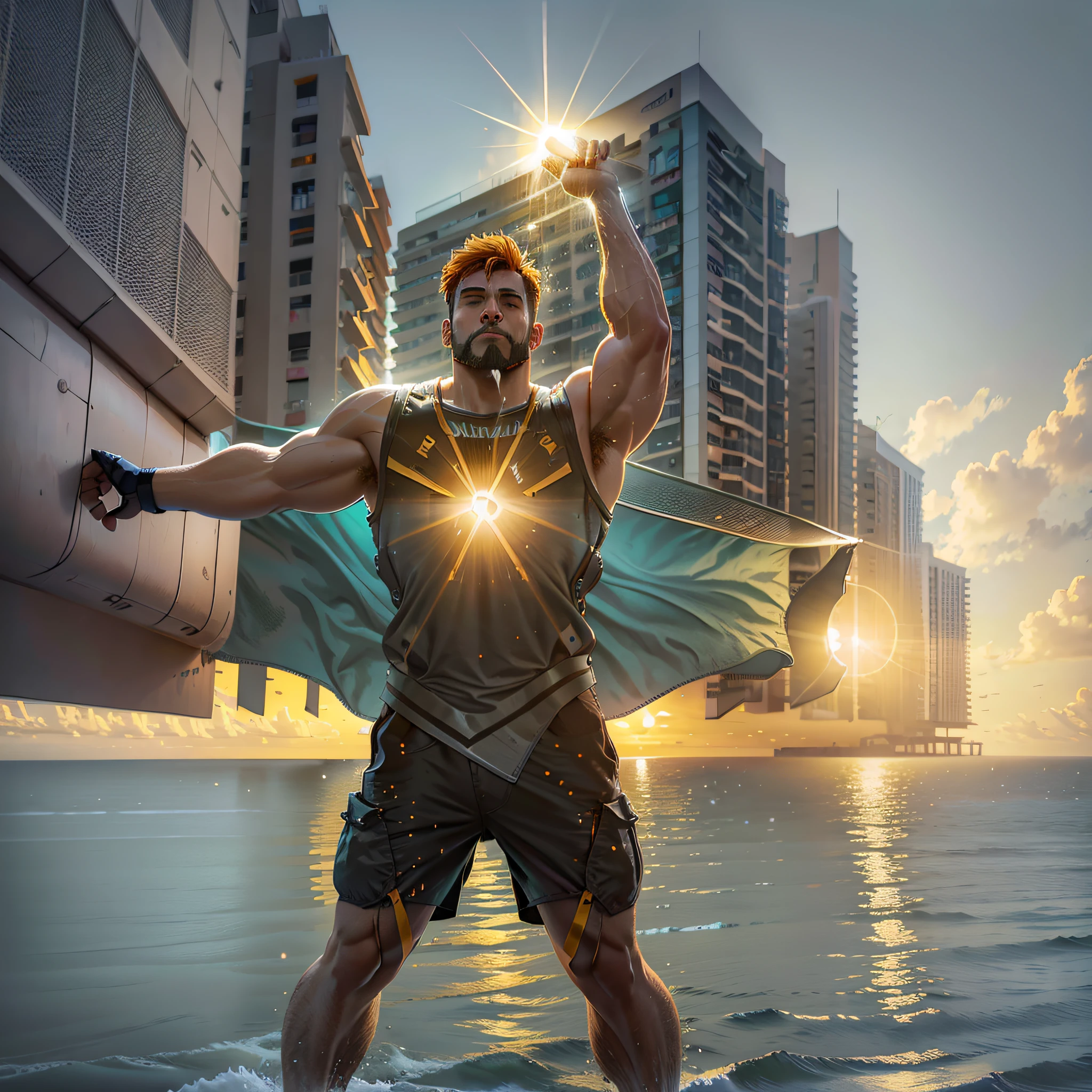 Strong man holding a building, with the sun in the background and the ocean highlighted --auto --s2