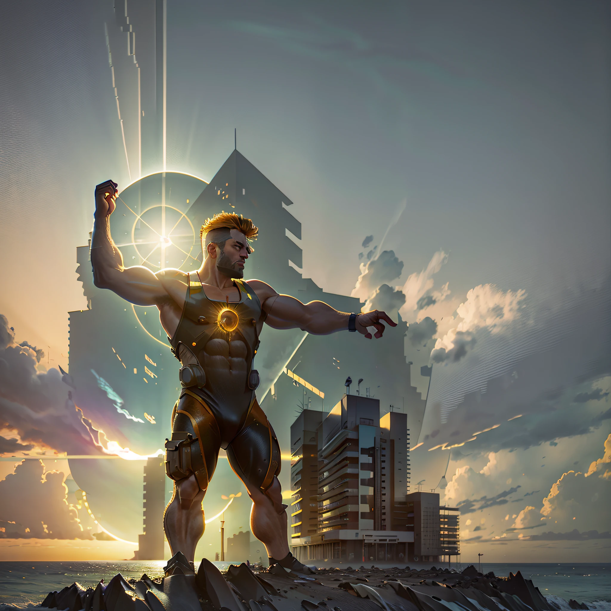 Strong man holding a building, with the sun in the background and the ocean highlighted --auto --s2
