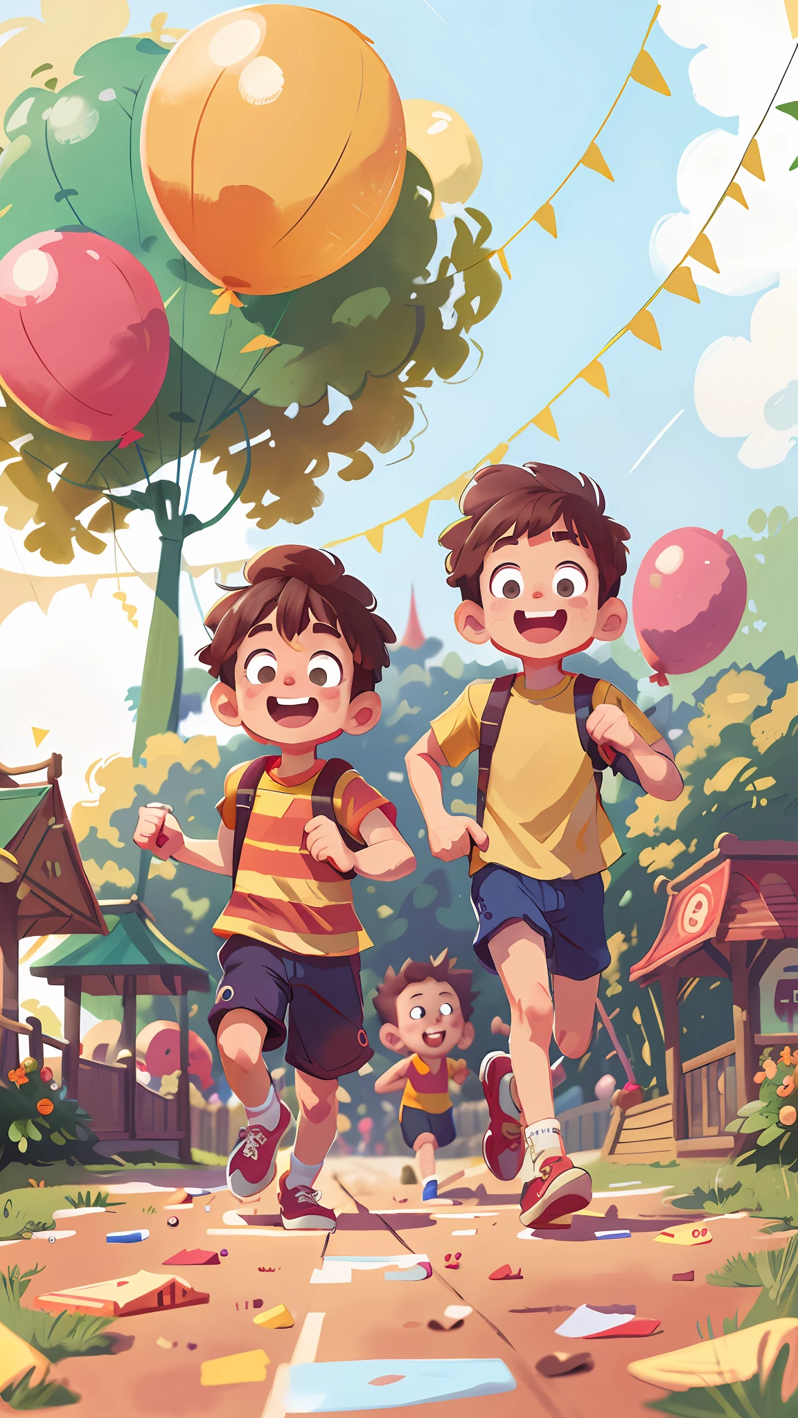 Two running boys, amusement park, holding balloons, happy, happy, perfect quality, clear focus (clutter - home: 0.8), (masterpiece: 1.2) (Realistic: 1.2) (Bokeh) (Best quality) (Detailed skin: 1.3) (Intricate details) (8K) (Detail Eyes) (Sharp Focus), (Happy)