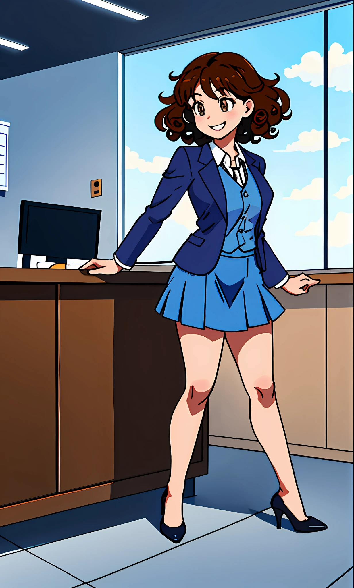 perfect anime illustration, 1girl, brown hair, curly hair, hazel eyes, smiling, business attire, blue skirt suit, black high heels, businesswoman, highres, full body, bare legs