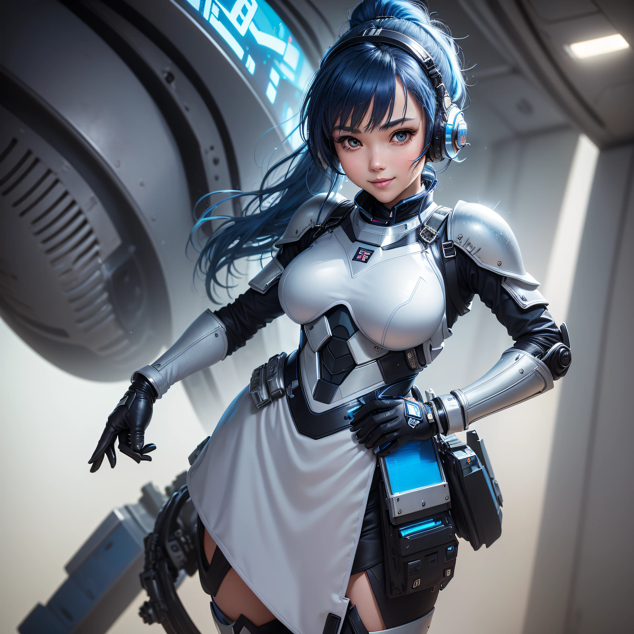 (masterpiece, highest quality, highest resolution, distinct_image, detailed details): (Solo, Girl Alone, Face Is Japan, Blue Haired Girl, High Ponytail, Full Body, Watch Viewer, Front Face, Small Size Breasts, Sparkly Blue Color Eyes, Pilot Suit in Metal Tone White and Blue, Black Color, Tight Fit Clothes, Full Body Covering Clothes, Beauty, Cuteness, Light Smile, Blush , slim body, exoskeleton, white and blue and black metal armor, heroine, arm-length gloves, headset, knee boots, cockpit, detailed cockpit)