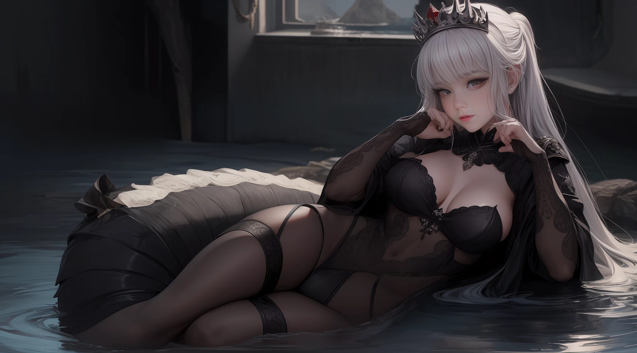 masterpiece, best quality, (extremely detailed CG 8k wallpaper unit), (best quality), (best illustration), (best shadow), realistic lighting(8k image), detailed fingers, detailed hands, detailed body, mermaid, white, white hair with a black lock, long hair, large breasts, heaving, inside the sea, dark environment, shipwreck, black bra, red eyes, red lips, dark gray tail,  air bubbles in the background, queen's crown on head, chained neck