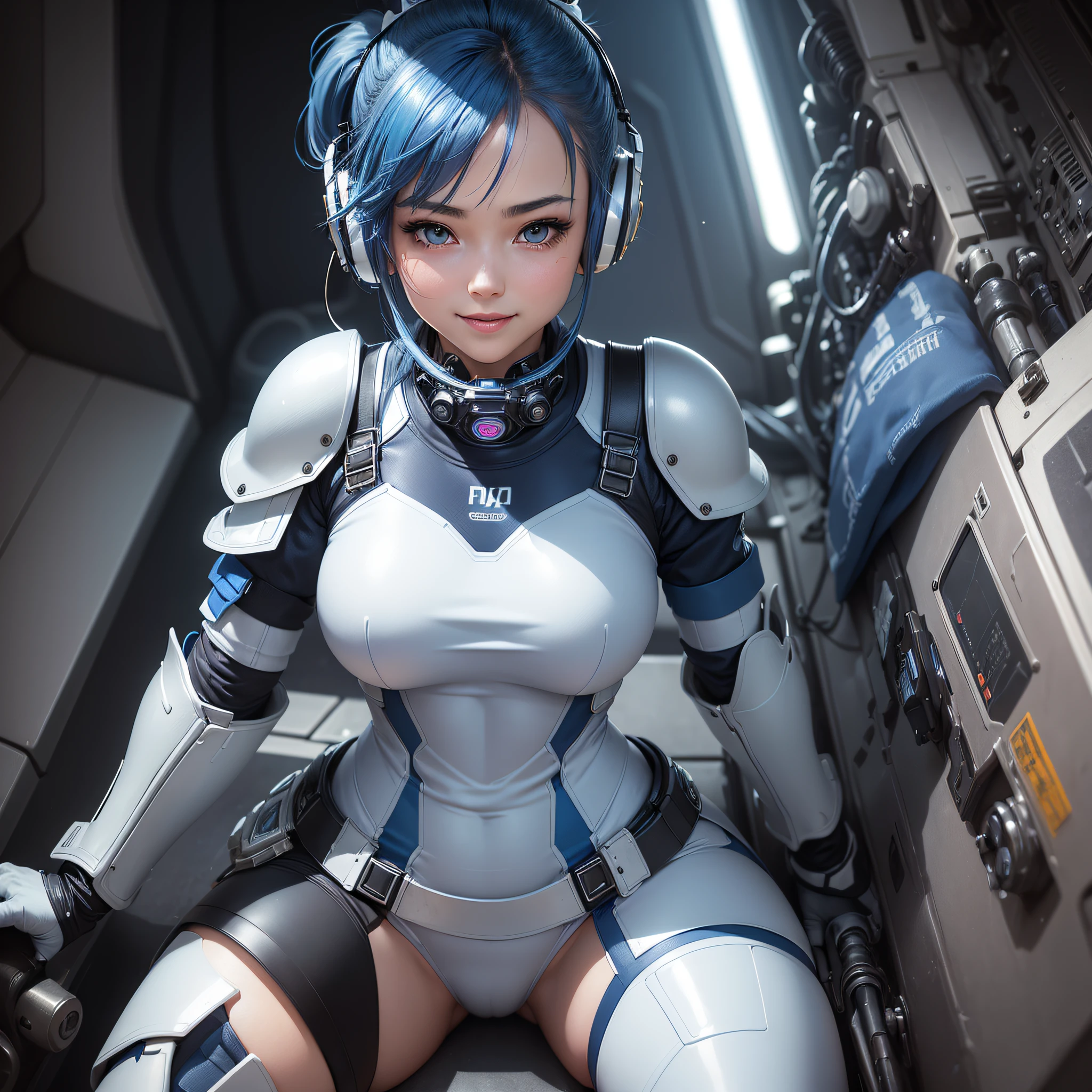 (masterpiece, highest quality, highest resolution, distinct_image, detailed details): (Solo, Girl Alone, Face Is Japan, Blue Haired Girl, High Ponytail, Full Body, Watch Viewer, Front Face, Small Size ???????, Sparkly Blue Color Eyes, Pilot Suit in Metal Tone White and Blue, Black Color, Tight Fit Clothes, Full Body Covering Clothes, Beauty, Cuteness, Light Smile, Blush , slim body, exoskeleton, white and blue and black metal armor, heroine, arm-length gloves, headset, knee boots, cockpit, detailed cockpit)