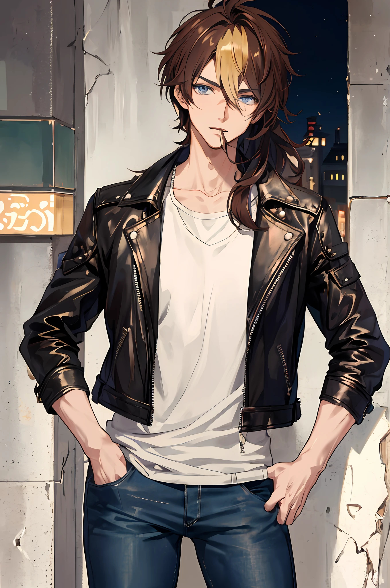 anime - style picture of a man in a leather jacket and jeans, anime handsome man, handsome anime pose, anime portrait of a handsome man, male anime style, young anime man, handsome guy in demon slayer art, male anime character, tall anime guy with blue eyes, anime boy, anime style character, inspired by Okumura Masanobu