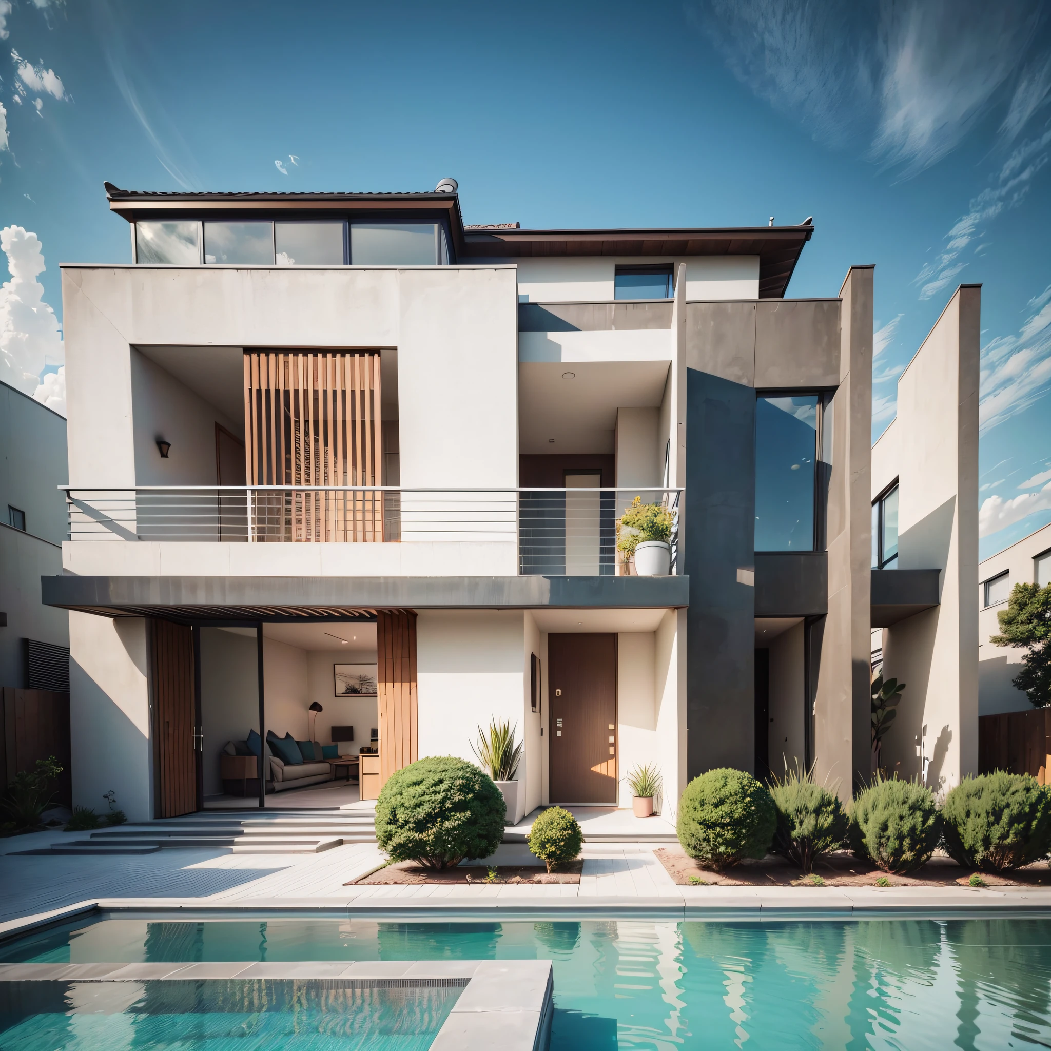 a rendering of a modern house with a pool and a courtyard, realistic architecture, concept house, arhitectural shot, contemporary house, modern house, general architectural design, architectural visualization, exterior design, contemporary architecture, architectural visualization, beautifully detailed rendering, architectural rendering, minimalist house in wood, ultra modern, large modern residence, Fujifilm, 85mm, f/1.2, UHD, high quality, 16k, best quality --auto --s2