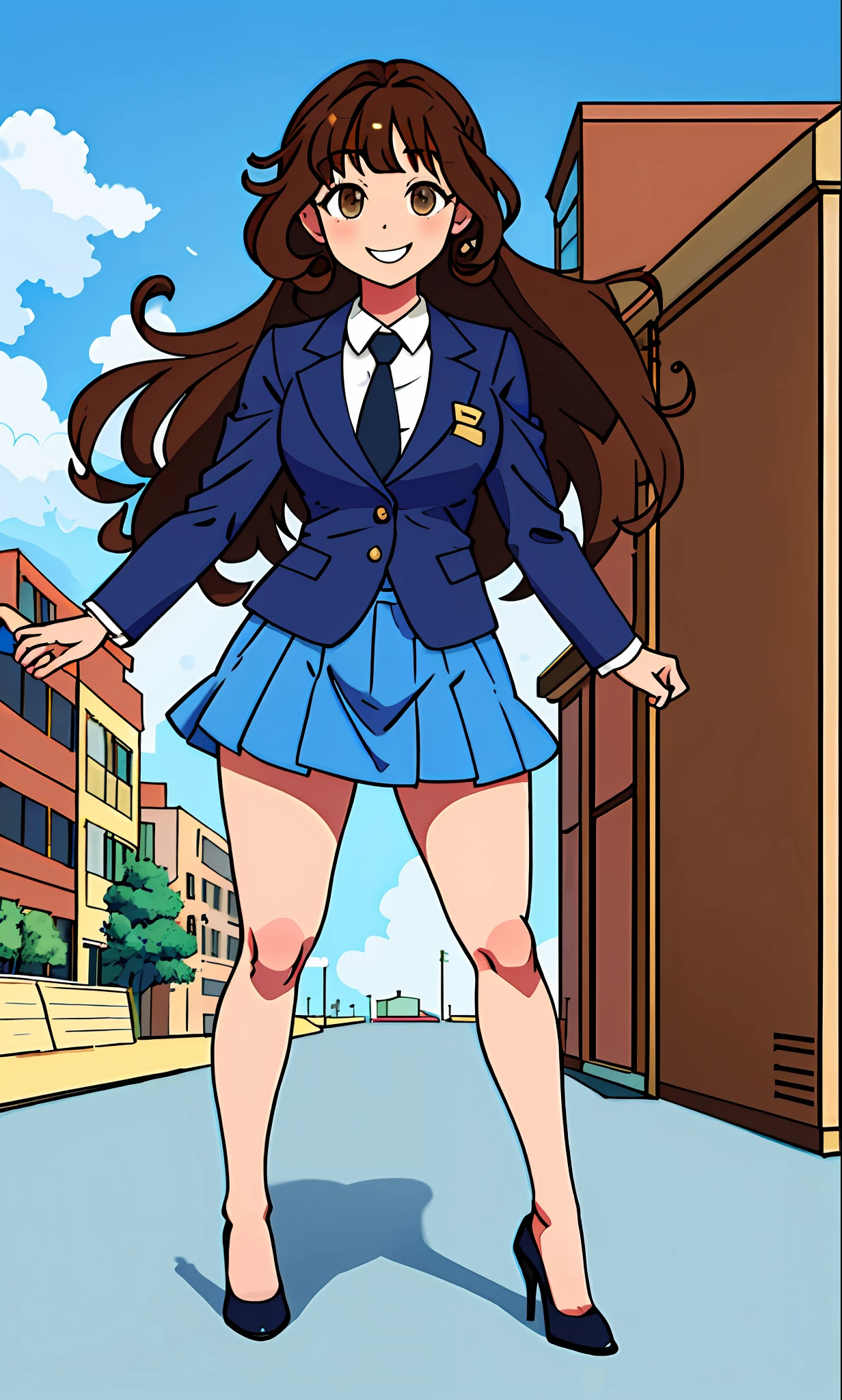 perfect anime illustration, 1girl, brown hair, curly hair, long hair, hazel eyes, smiling, business attire, blue skirt suit, black high heels, businesswoman, highres, full body, bare legs
