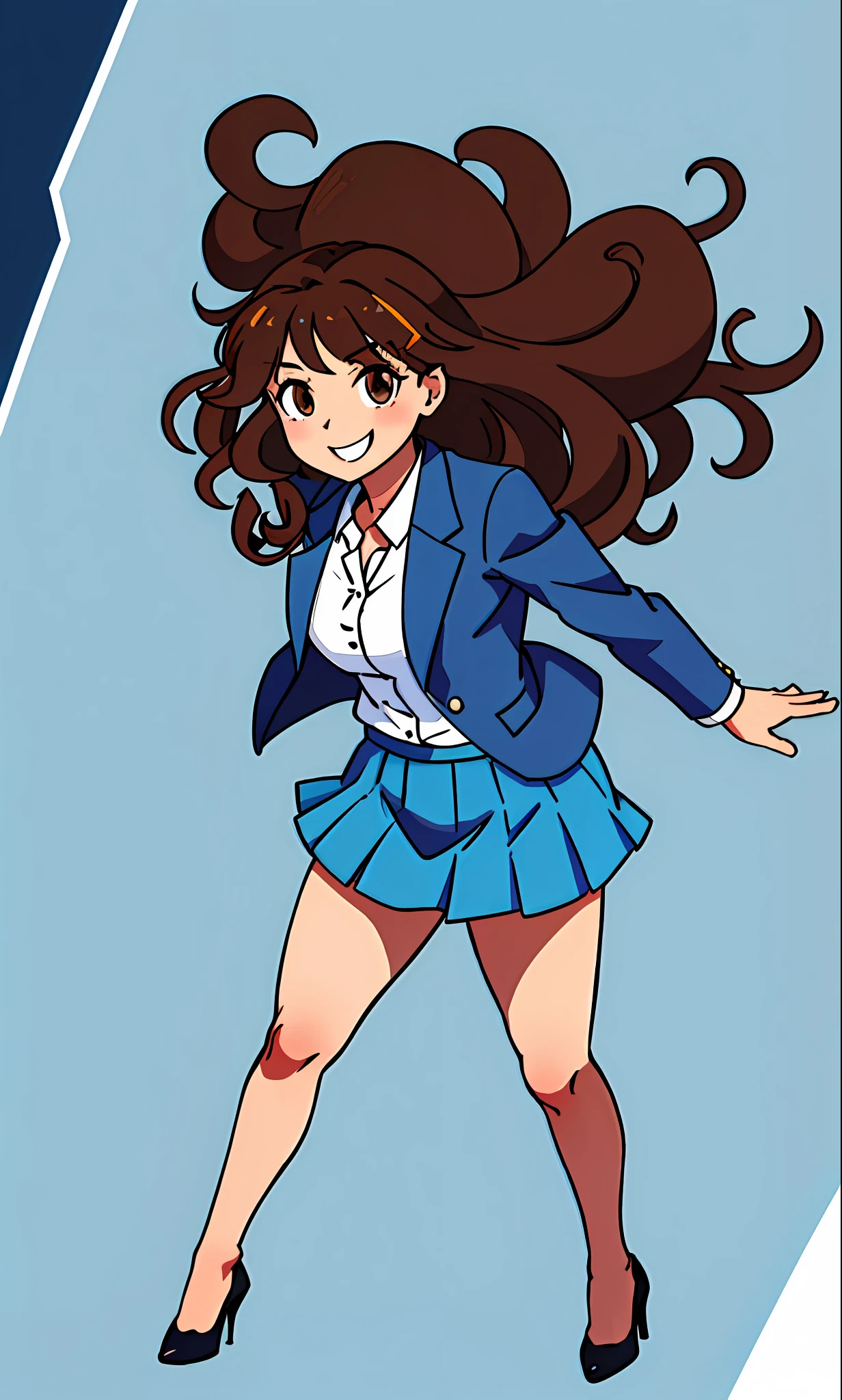 perfect anime illustration, 1girl, brown hair, curly hair, long hair, hazel eyes, smiling, business attire, blue skirt suit, black high heels, businesswoman, highres, full body, bare legs