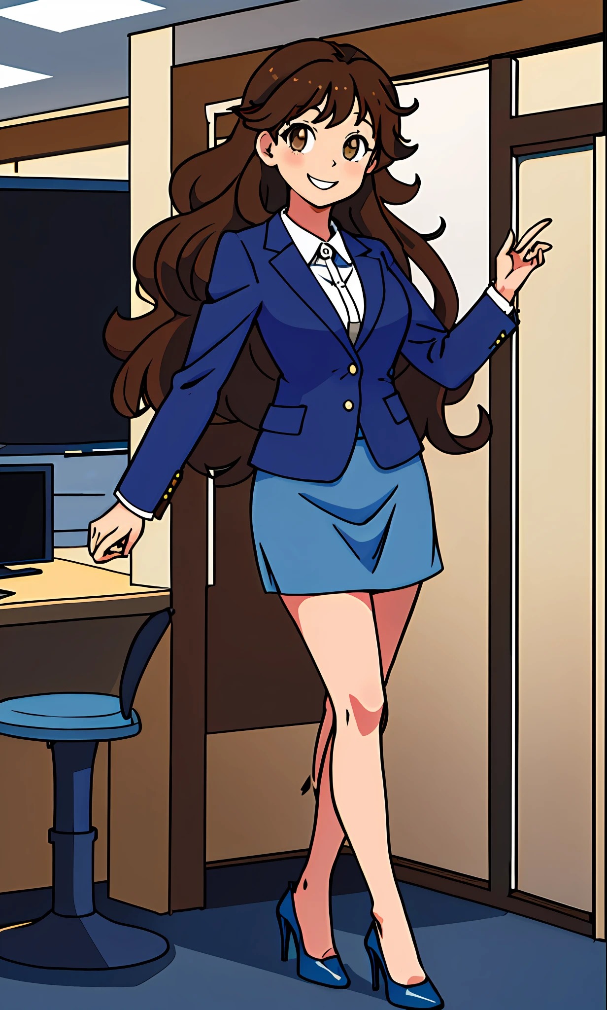 perfect anime illustration, 1girl, brown hair, curly hair, long hair, hazel eyes, smiling, business attire, blue skirt suit, black high heels, businesswoman, highres, full body, bare legs