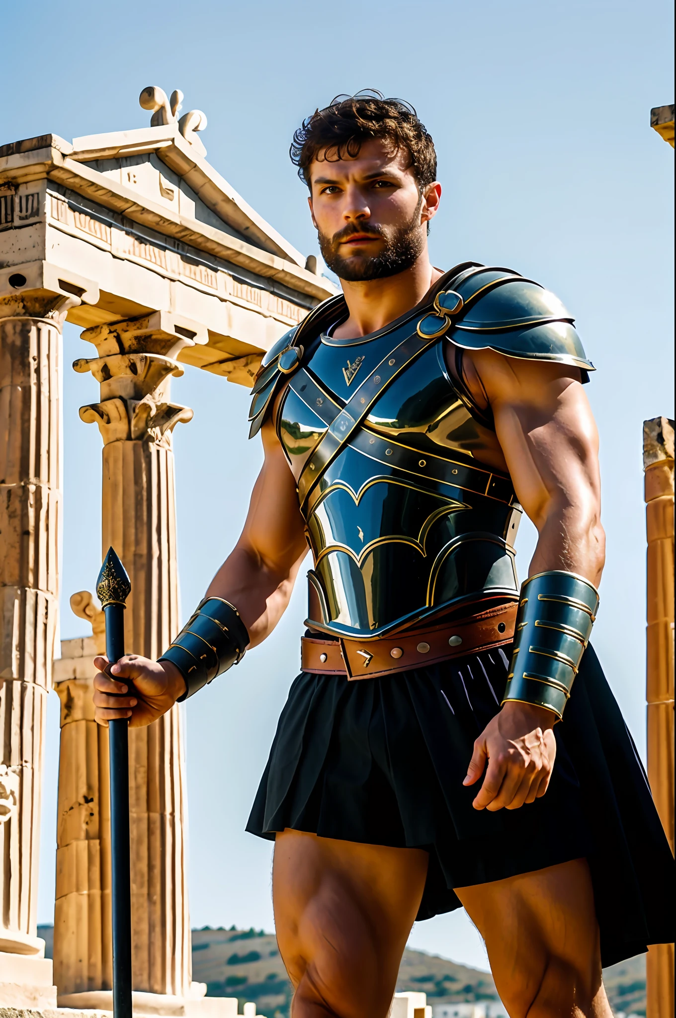 create a Gladiator), Greek God style, wearing Spartan armor, strong and muscular, Jamie Dornan, strong and muscular, (Moreno with model face), wearing dark beard, dark short hair, man similar to actor jamie dornan, (high quality and realistic image), sparta city background, cinematic style, ((Best quality, 8k, Masterpiece).