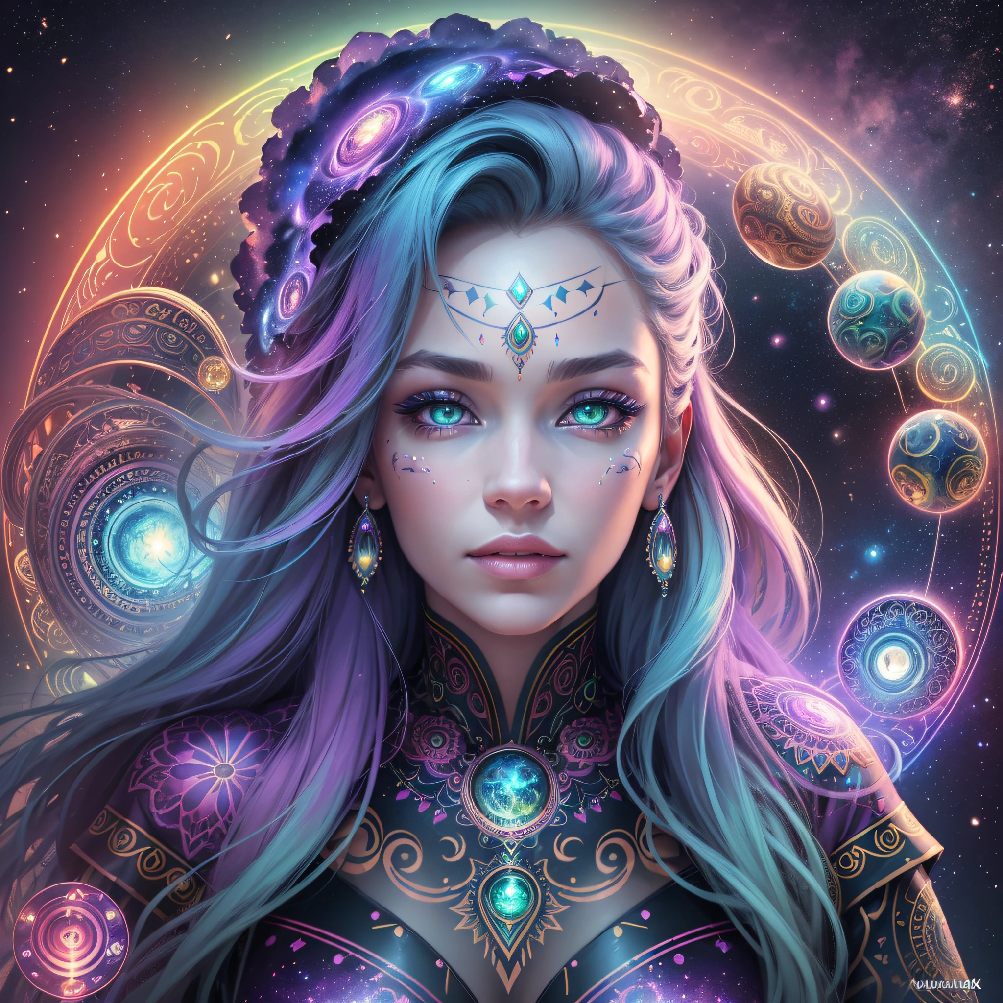 ((Best quality, 8k, Masterpiece :1.3)) beautiful woman: 1.3, beautiful face, woman connected to another woman, whole body, saturated colors, psychedelic image, LSD, mandala, fractral, costume, tattoo, painted body, wedding outfit, body leaning forward, art similar to Alex Grey's art, lots of color saturation, vortex, ultra realistic, planet earth, galaxy, with lots of lighting, shading and contrast, RPG, mage, realistic eyes, green iris, 3D depth --auto --s2