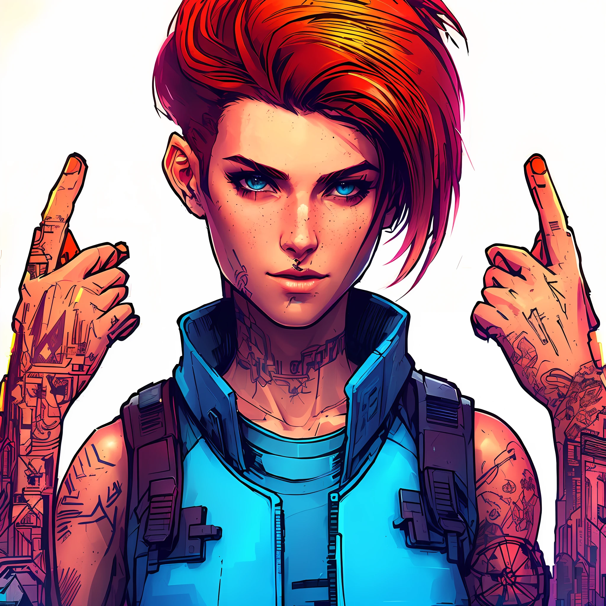 cyberpunk city, big city behind, add background, cyberpunk, artwork inspired by Josan Gonzalez, (white outline, neon light, reductionist character design), cyberpunk redhead girl with undercut, blue vest, and tattoos on her fingers, standing in front of a dynamic and layered cityscape composed of various neon-lit skyscrapers, towering cranes, and holographic advertisements, featuring a slight haze and cyberpunk aesthetic with glitchy effects and digital artifacts. --add background --auto --s2