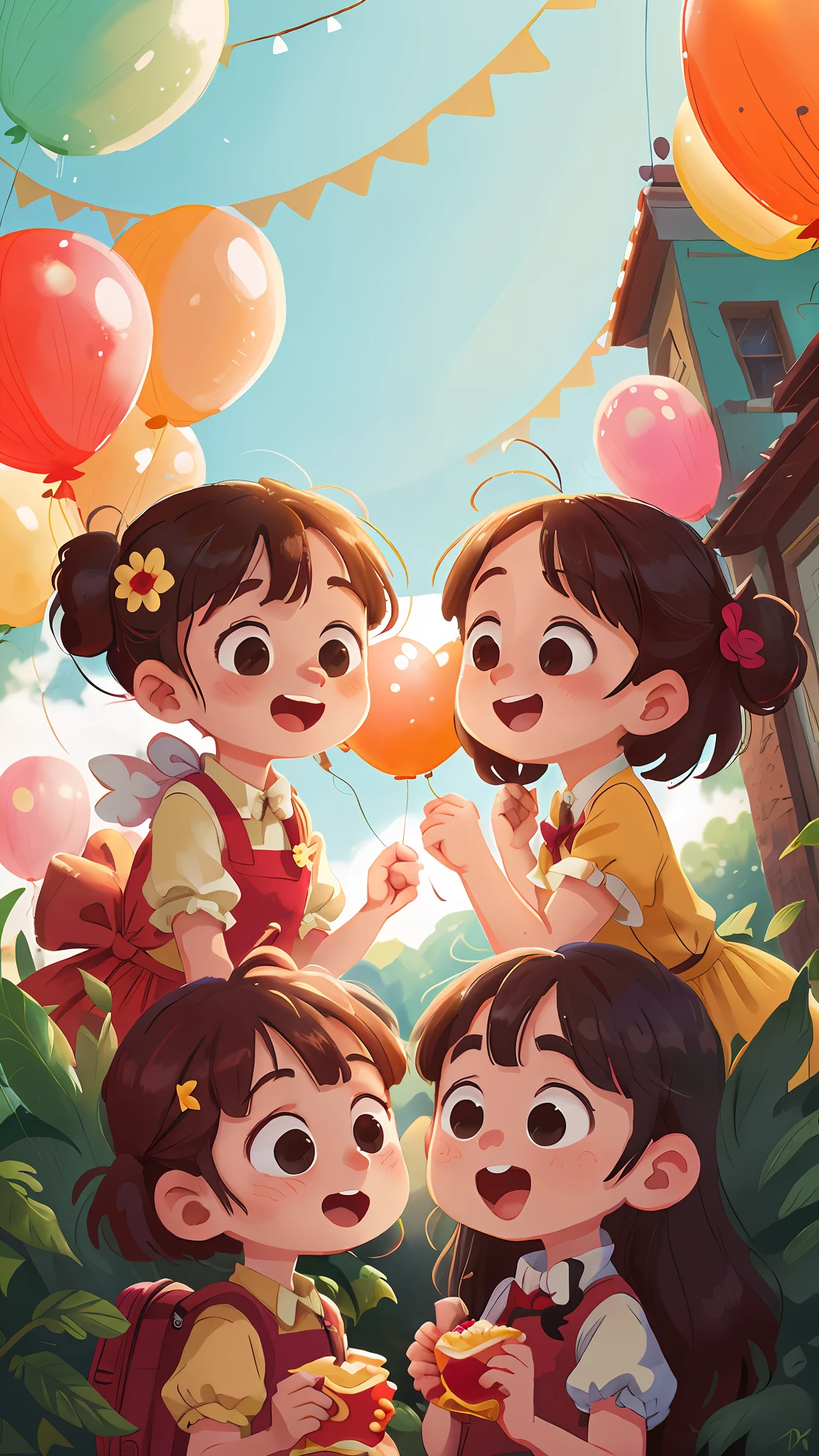 Two girls, gourmet restaurant, lots of balloons, happy, happy, perfect quality, clear focus (clutter - home: 0.8), (masterpiece: 1.2) (realism: 1.2) (bokeh) (best quality) (detailed skin: 1.3) (intricate details) (8K) (detail eyes) (sharp focus), (happy)