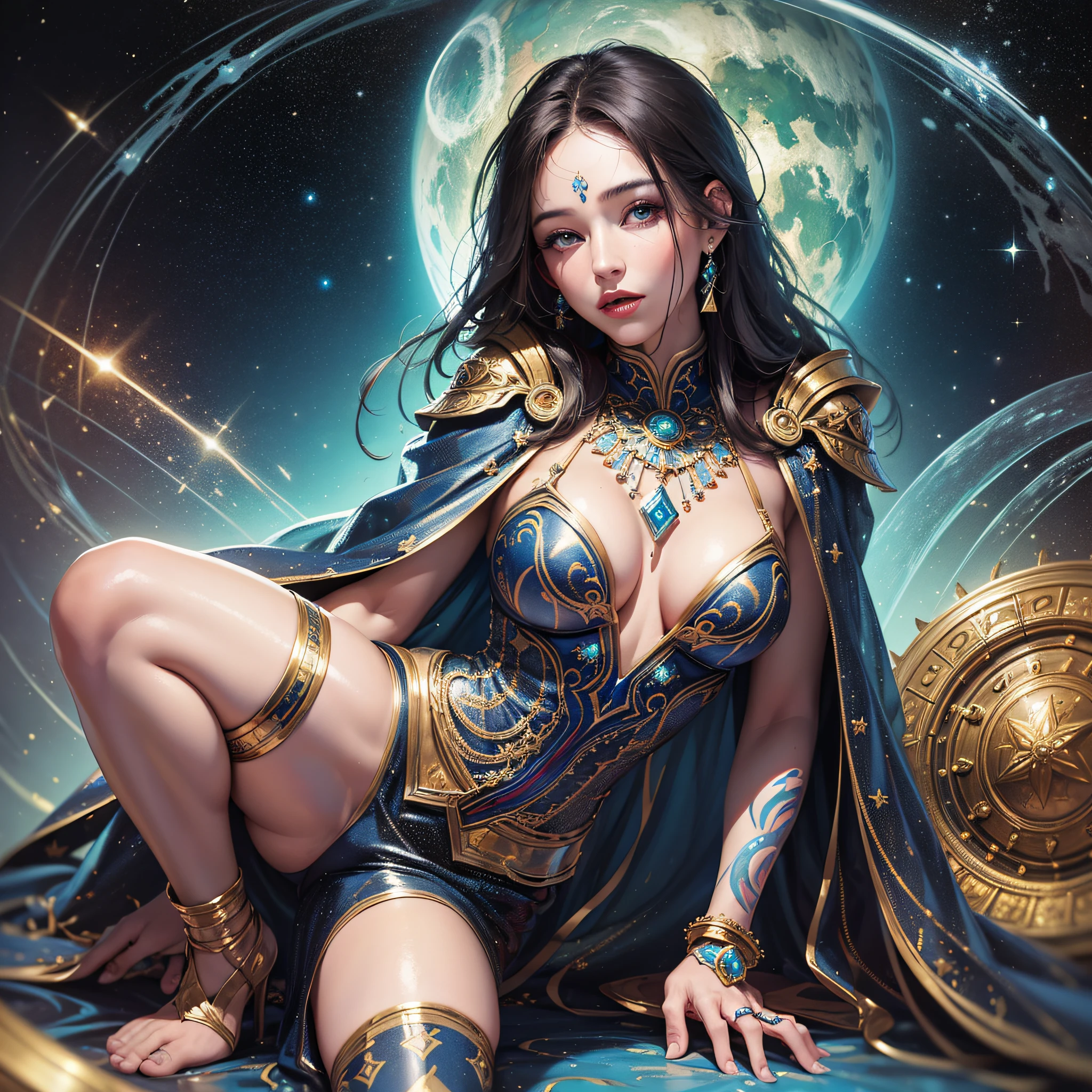 ((Best Quality, 8k, Masterpiece :1.3)) beautiful woman: 1.3, beautiful face with good sharpness, woman in position 69 with another woman, full body, saturated colors, psychedelic image, LSD, mandala, fractral, costume, tattoo, painted body, wedding outfit, body leaning forward, art similar to Alex Grey's art, lots of color saturation, vortex, ultra realistic, planet earth, galaxy, with lots of lighting, shading and contrast, RPG, mage, eyes well centered and with contrast, 3D depth, royal costumes --auto --s2