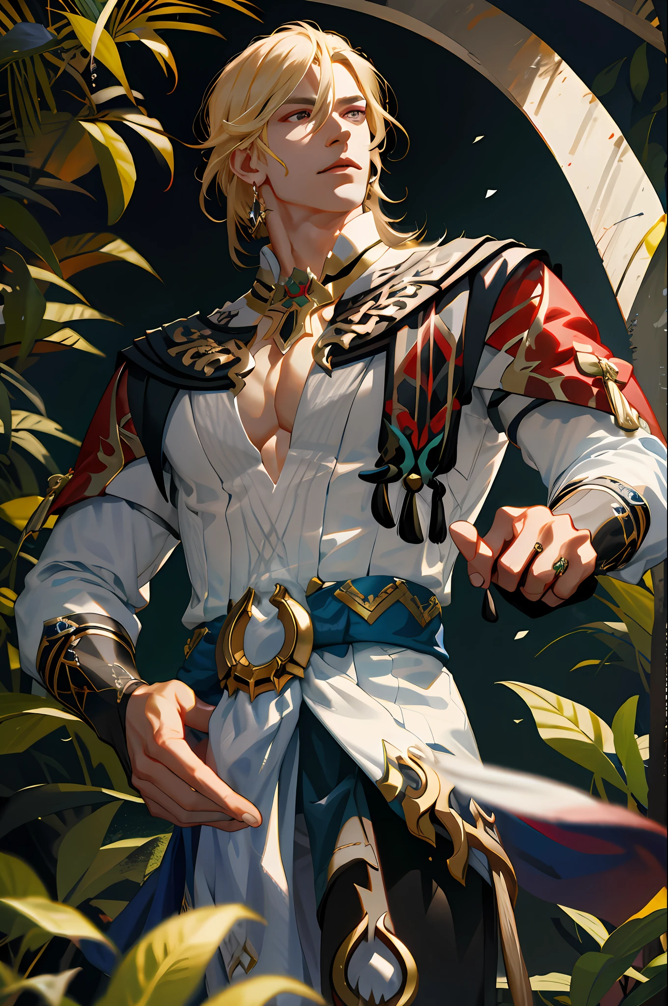 (absurdres, highres, ultra detailed), 1 male, mature, handsome, tall muscular guy, broad shoulders, blond hair, ruby eyes, long sleeves, finely detailed eyes and detailed face, extremely detailed CG unity 8k wallpaper, intricate details, (style-swirlmagic:0.8), portrait,  looking up, solo, half shot, detailed background, (warhammer fantasy theme:1.1), plants and flowers around him