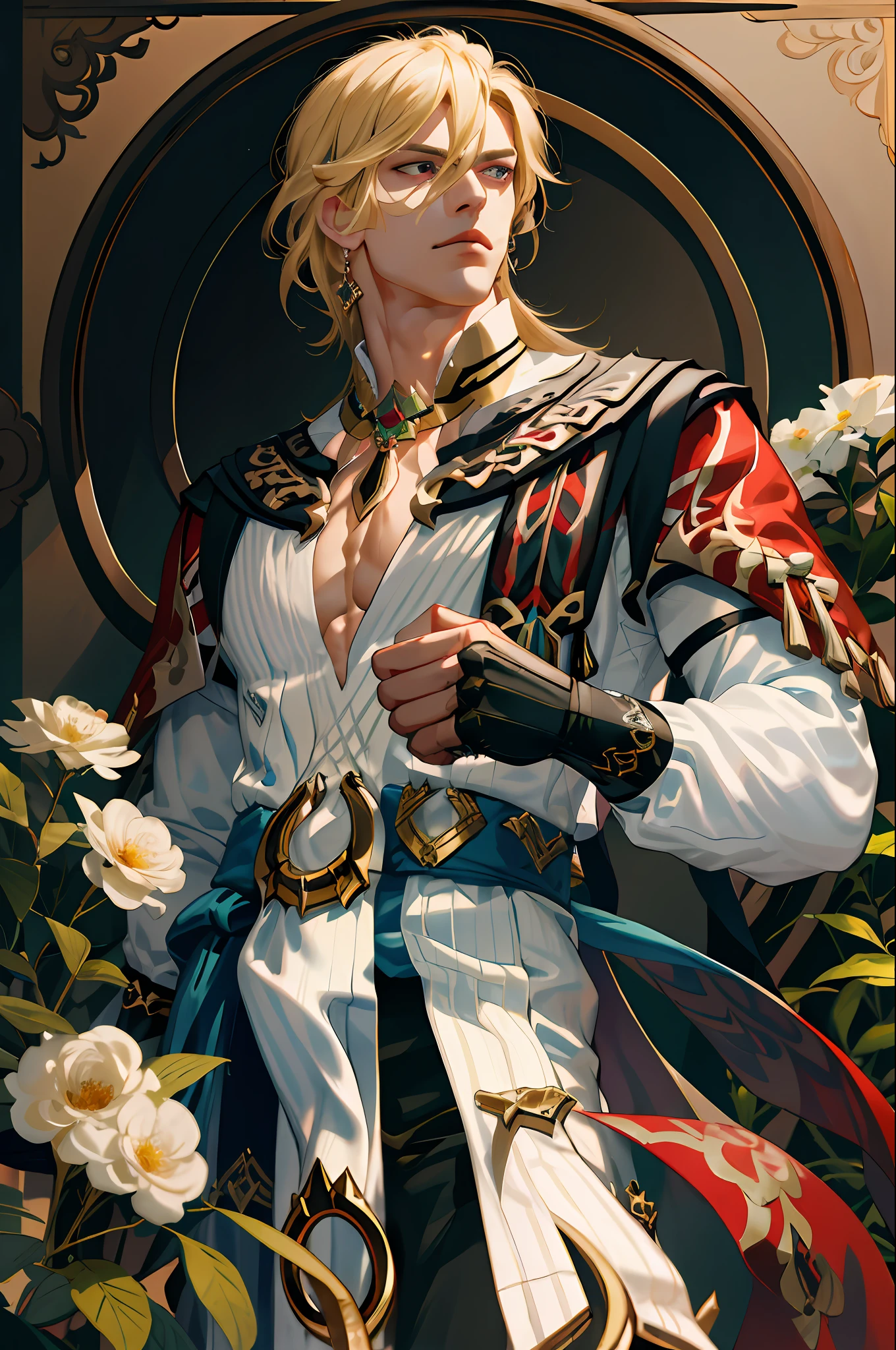 (absurdres, highres, ultra detailed), 1 male, mature, handsome, tall muscular guy, broad shoulders, blond hair, ruby eyes, long sleeves, finely detailed eyes and detailed face, extremely detailed CG unity 8k wallpaper, intricate details, (style-swirlmagic:0.8), portrait, looking up, solo, half shot, detailed background, (warhammer fantasy theme:1.1), plants and flowers around him