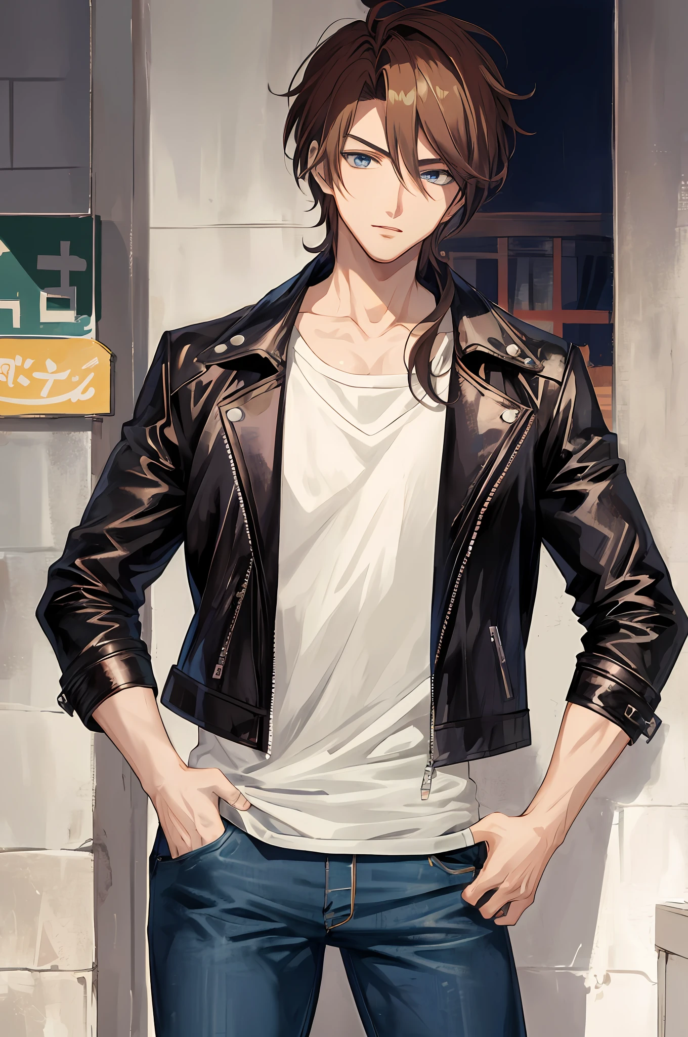 anime - style picture of a man in a leather jacket and jeans, anime handsome man, handsome anime pose, anime portrait of a handsome man, male anime style, young anime man, handsome guy in demon slayer art, male anime character, tall anime guy with blue eyes, anime boy, anime style character, inspired by Okumura Masanobu