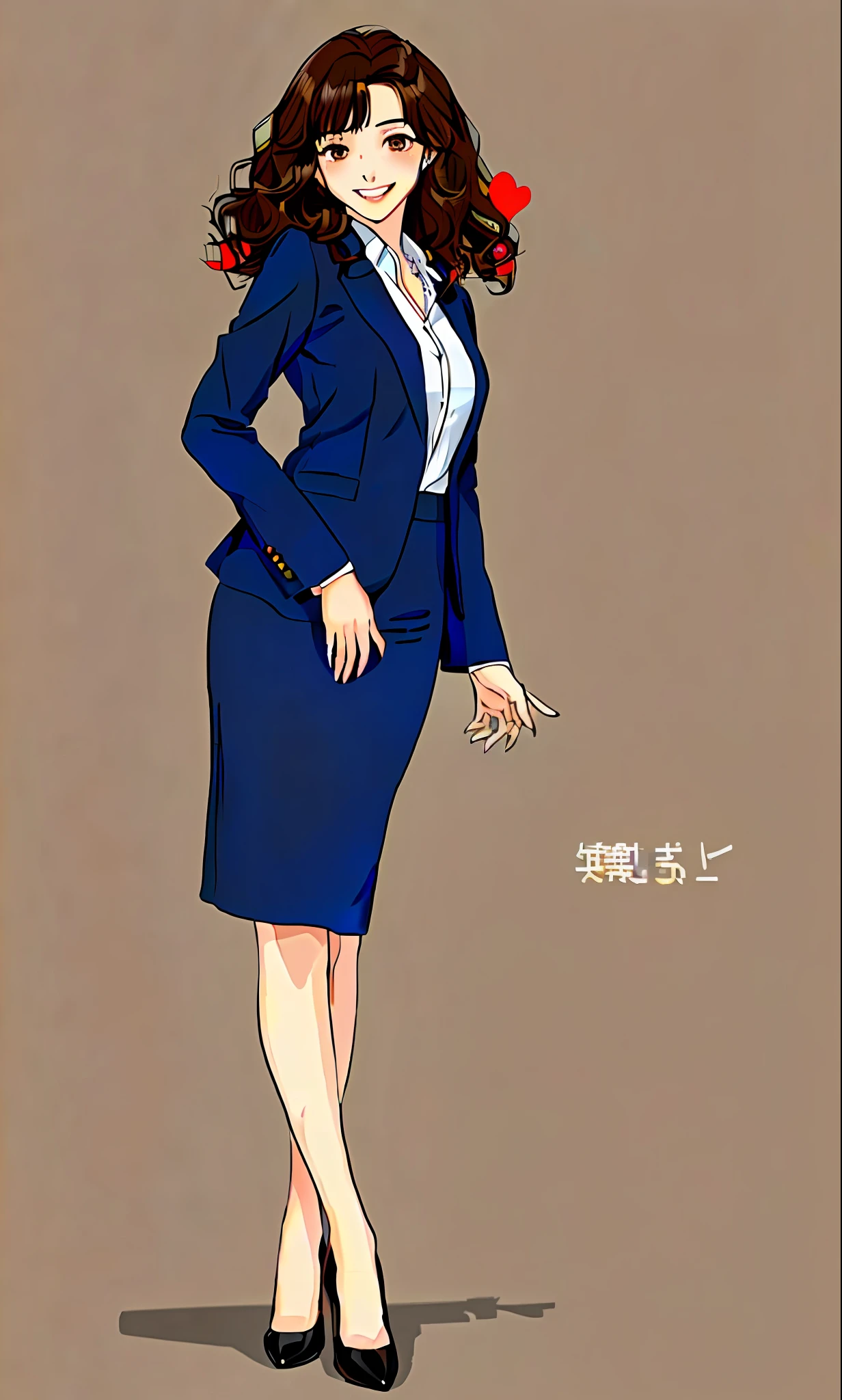 perfect anime illustration, 1girl, brown hair, curly hair, long hair, hazel eyes, smiling, business attire, blue skirt suit, black high heels, businesswoman, highres, full body, bare legs