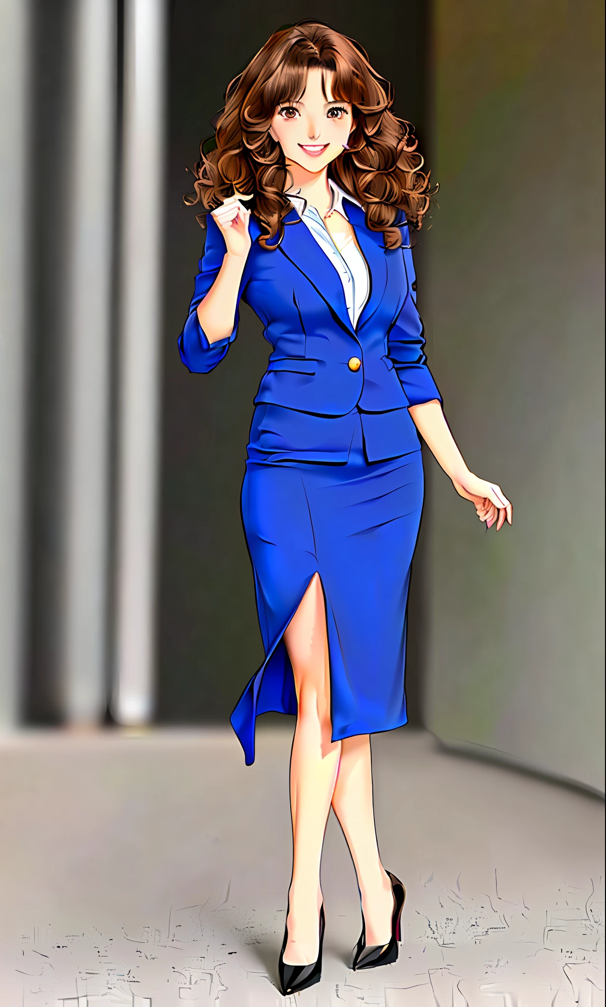 perfect anime illustration, 1girl, brown hair, curly hair, long hair, hazel eyes, smiling, business attire, blue skirt suit, black high heels, businesswoman, highres, full body, bare legs