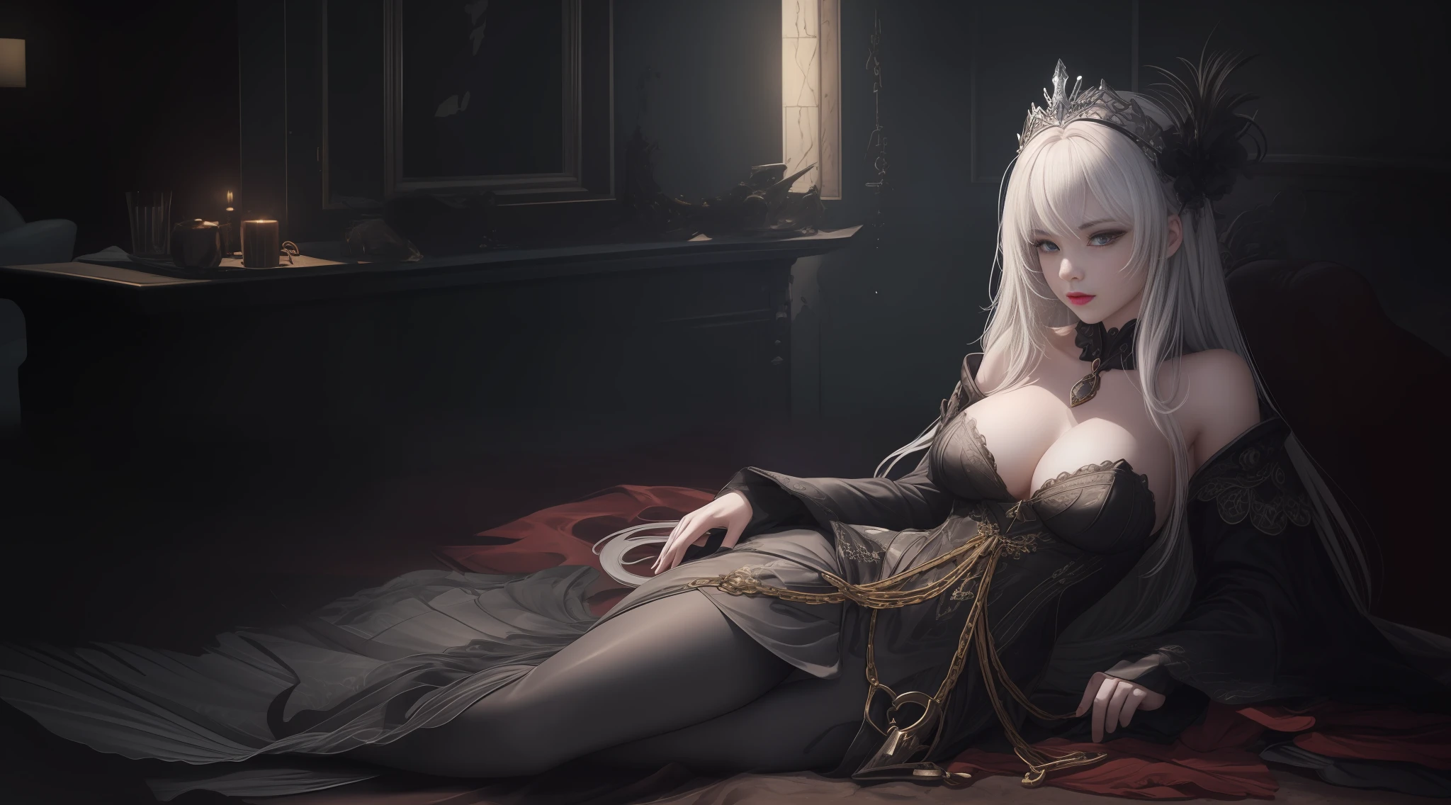 masterpiece, best quality, (extremely detailed CG 8k wallpaper unit), (best quality), (best illustration), (best shadow), realistic lighting(8k image), detailed fingers, detailed hands, detailed body, mermaid, white, white hair with a black lock, long hair, large breasts, heaving, inside the sea, dark environment, shipwreck, black bra, red eyes, red lips, dark gray tail, air bubbles in the background, queen's crown on head, chained neck